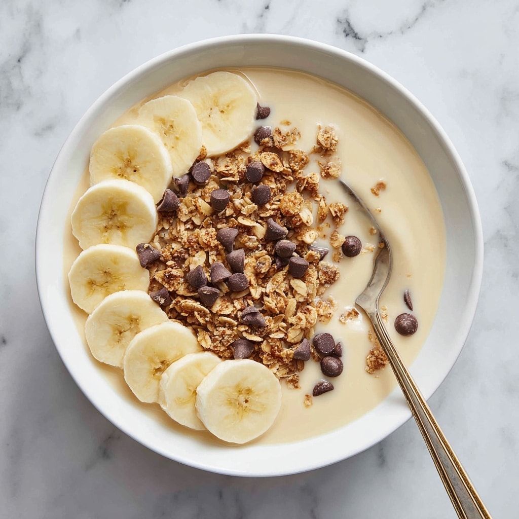 A clear glass bowl sits on a white marbled surface filled with a thick, creamy white mixture that looks smooth and soft. On top, there are two areas of dark brown powder, probably cinnamon, spread in uneven patches. Golden amber syrup is being poured from a spoon held by a woman's hand above the bowl, creating a shiny, flowing swirl over the white cream and brown powder below. The syrup pools in the center, glistening under the light, and slowly spreads outwards, mixing with the cinnamon and cream. Photo taken with an iphone --ar 4:5 --v 7