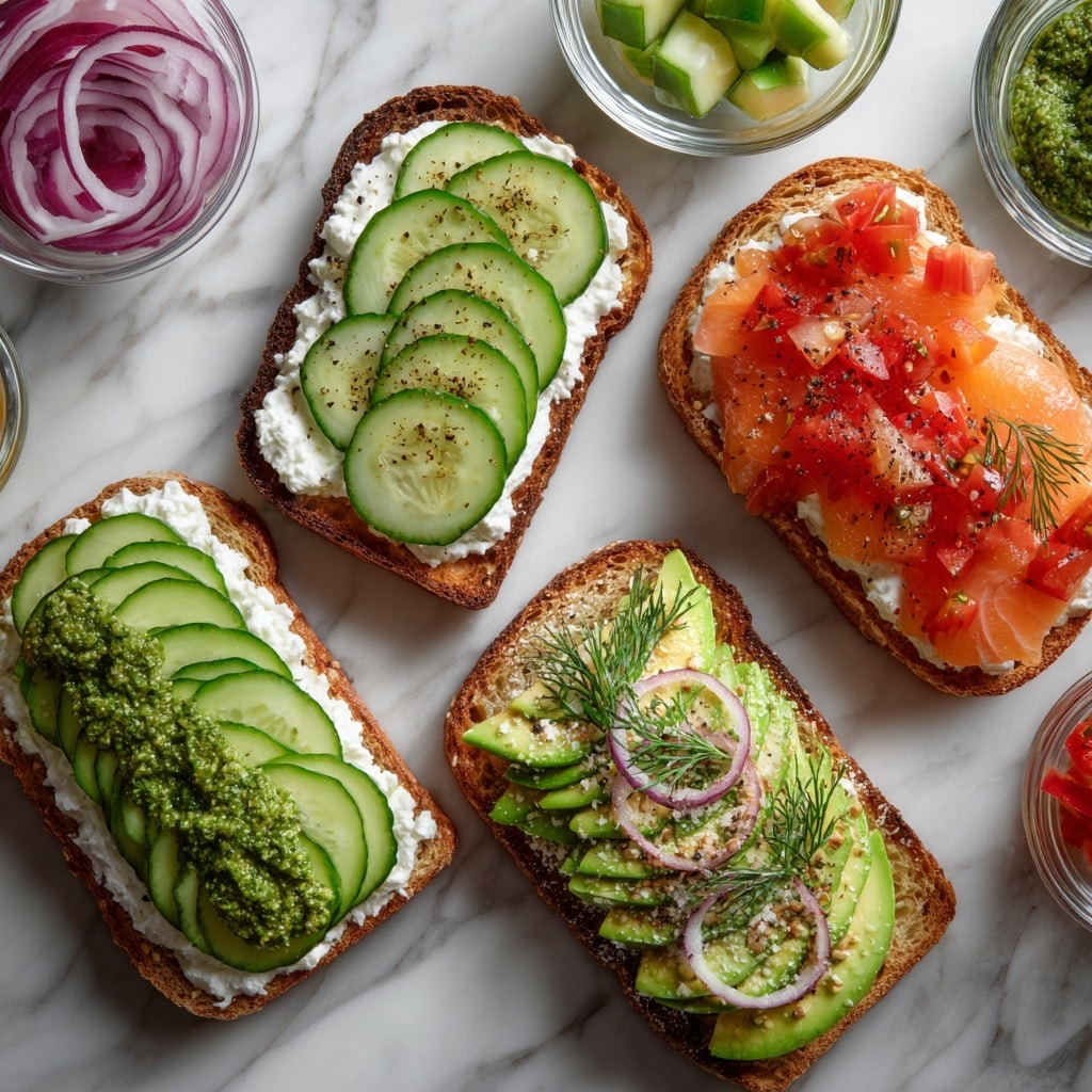 The image shows four pieces of toasted bread, each topped with different layers on a white marbled surface. The first toast has a base layer of white cottage cheese, followed by a spread of green pesto, and topped with a neat row of thinly sliced cucumber rounds sprinkled with black pepper. The second toast has white cottage cheese topped with diced red tomatoes and a sprinkle of brown seasoning evenly spread. The third toast has a cottage cheese base as well, layered with overlapping slices of avocado sprinkled with white sesame seeds and black pepper. The fourth toast has white cottage cheese topped with thin slices of smoked salmon, garnished with thin rings of red onion and sprigs of fresh dill, finished with a sprinkle of black pepper. Small glass bowls with extra avocado slices, red onion slices, diced tomatoes, and green pesto appear around the toasts. Photo taken with an iphone --ar 4:5 --v 7