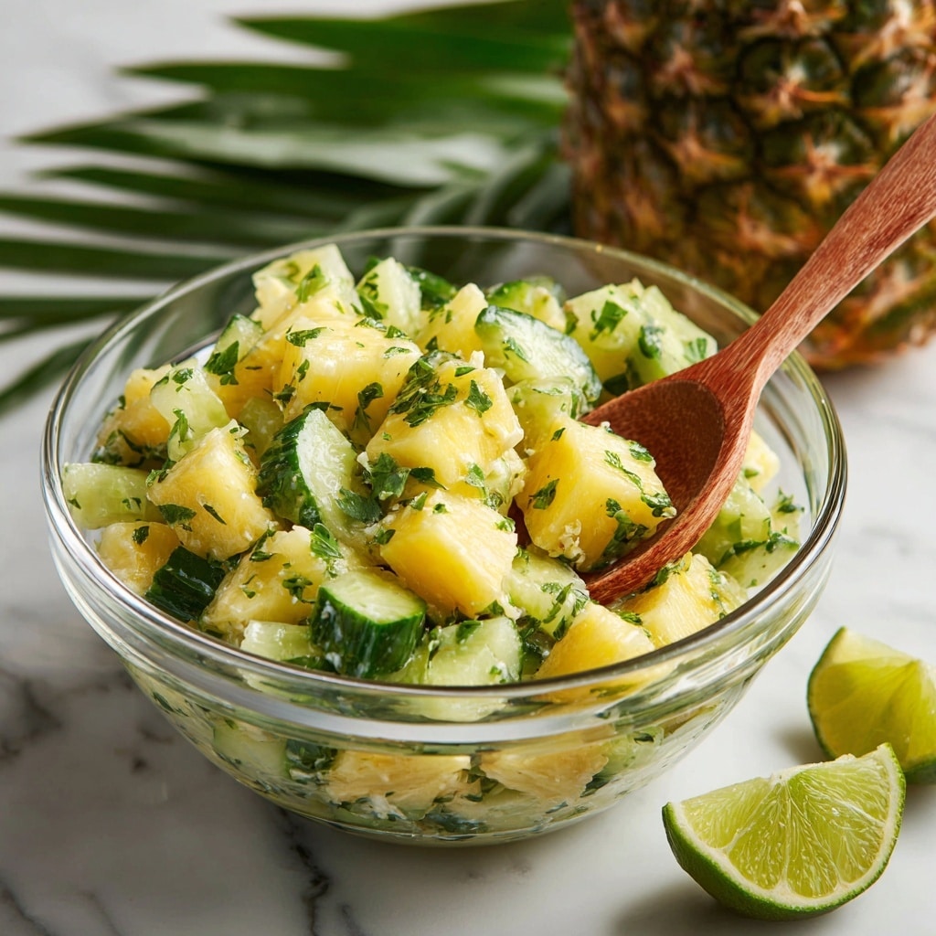 The image shows a bowl filled with pineapple cucumber salad. The bowl is white and wooden textured, holding large pieces of bright yellow pineapple chunks mixed with sliced green cucumber pieces. Small green cilantro leaves are scattered on top, along with a thin lime wedge placed at the center for garnish. The salad looks fresh and juicy, with a mix of smooth and rough textures from the pineapple and cucumber. The background is a white marbled surface with blurred green limes and some herbs, giving a fresh and natural feel. photo taken with an iphone --ar 4:5 --v 7
