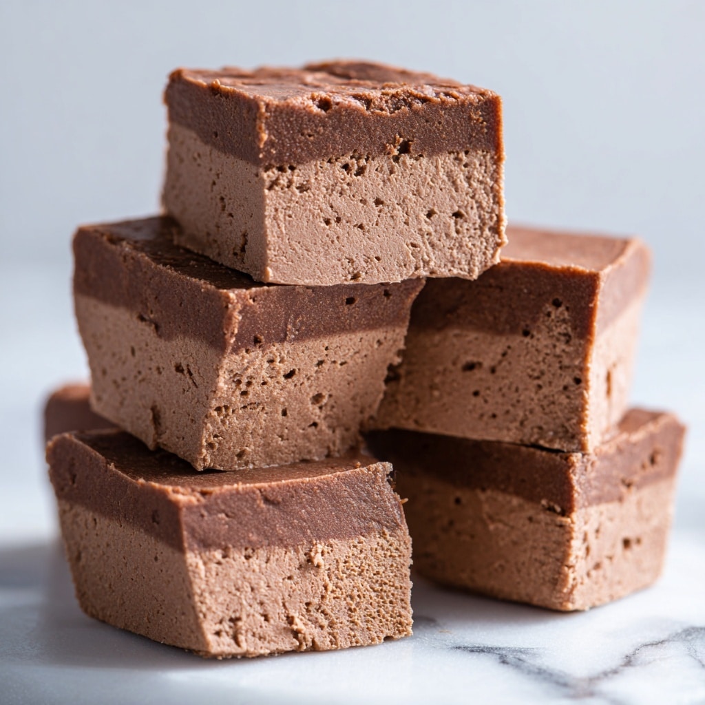The image shows a white plate on a white marbled surface, with large smooth rectangular slabs of milk chocolate fudge placed flat on one side. In front of these slabs, there are several smaller cube-shaped pieces of the same fudge stacked loosely in a pile. The fudge has a creamy texture with visible smooth swirls on the top and a solid, slightly fluffy interior. The rich brown color of the fudge contrasts with the white plate and detailed marbled background. photo taken with an iphone --ar 4:5 --v 7