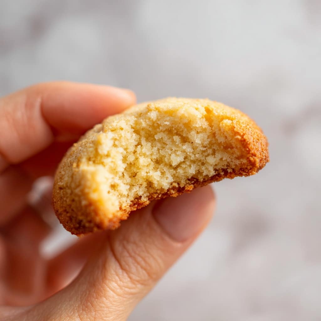 A close-up image shows a woman's hand holding a small, round, slightly thick cookie with a bite taken out of it. The cookie has a crumbly, pale yellow interior and a golden-brown crust at the bottom, showing a soft and crumbly texture inside. The background is blurred with a white marbled texture, emphasizing the cookie's detailed texture and colors. photo taken with an iphone --ar 4:5 --v 7