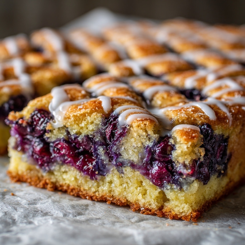 The image shows a close-up view of a rustic blueberry cake with a golden-brown crust on top, featuring a rough lattice pattern with thick strips. Between the crust layers are juicy, deep purple blueberries that burst slightly, giving a moist look. The cake base is creamy yellow with a soft texture, and the surface is drizzled with a thin, glossy white glaze that adds shine and slight sparkle. The cake rests on a sheet of parchment paper, with a white marbled texture barely visible around the edges. photo taken with an iphone --ar 4:5 --v 7