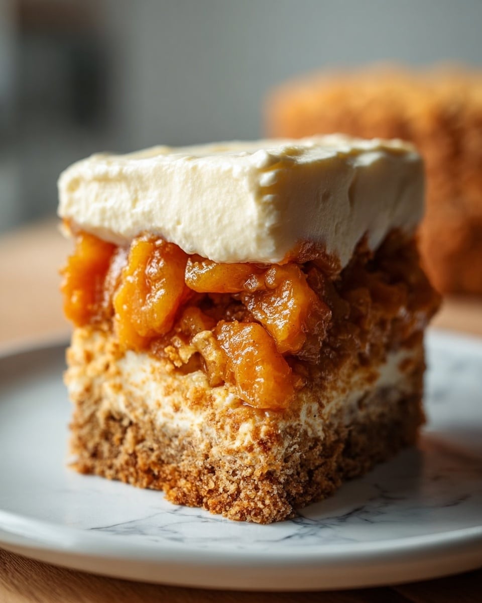A close-up view of a two-layer dessert on a white plate set on a white marbled surface. The bottom layer is chunky and orange-brown, filled with soft, thick, cooked fruit pieces that look glossy and moist. The middle layer is a firm, dense cake with light brown color and a crumbly texture. The top layer is thick, creamy, and white, spread smoothly over the cake layer. The dessert looks rich and textured, stacked tall, with natural light highlighting its warm tones. Photo taken with an iphone --ar 4:5 --v 7