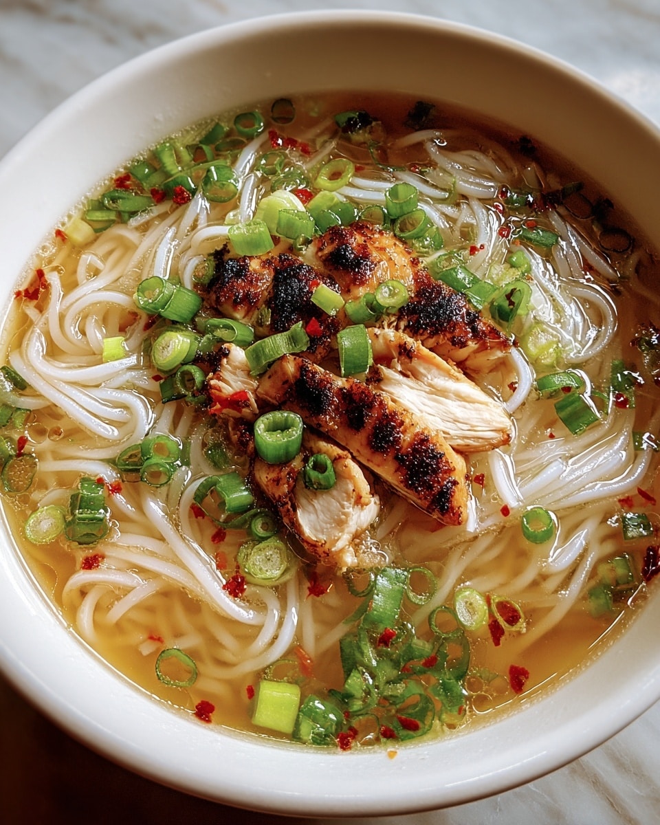A white bowl filled with clear broth and thin white noodles forms the base layer, topped with slices of grilled chicken showing charred marks and a light brown color. Bright green slices of chopped green onions cover the chicken and noodles in a scattered layer. Small red chili flakes are sprinkled over everything, adding a speckled red detail against the light broth. The bowl is placed on a white marbled surface. Photo taken with an iphone --ar 4:5 --v 7