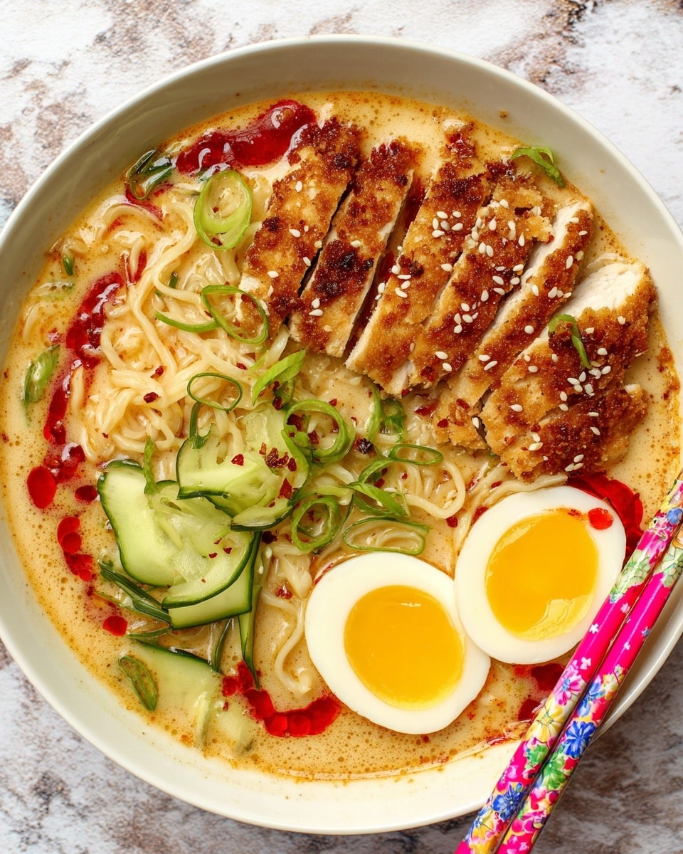 A bowl of ramen with four main layers: the base is light brown creamy broth with a smooth texture, filled with yellow curly noodles. On one side, there is a sliced golden-brown crispy fried chicken breast neatly placed on top. On the right side, two halves of a soft-boiled egg show bright orange yolks and light brown edges, sprinkled with black and white sesame seeds. Below the egg, thin slices of green cucumber add freshness. Red chili oil droplets float on the broth for contrast, with some green onion slices scattered as garnish. The white bowl sits on a white marbled surface. Photo taken with an iphone --ar 4:5 --v 7