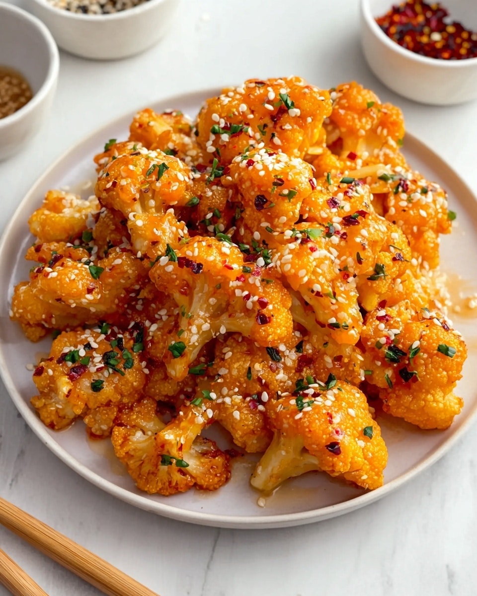 A white plate holds a pile of orange cauliflower florets coated in a glossy, thick sauce. The cauliflower is topped with small white sesame seeds, black sesame seeds, tiny chopped green herbs, and red chili flakes, adding specks of green, white, black, and red on the orange surface. The plate sits on a white marbled surface with two white bowls containing seasonings nearby. A pair of light-colored chopsticks rests next to the plate. The cauliflower pieces vary in size and have a slightly textured, crispy appearance. photo taken with an iphone --ar 4:5 --v 7