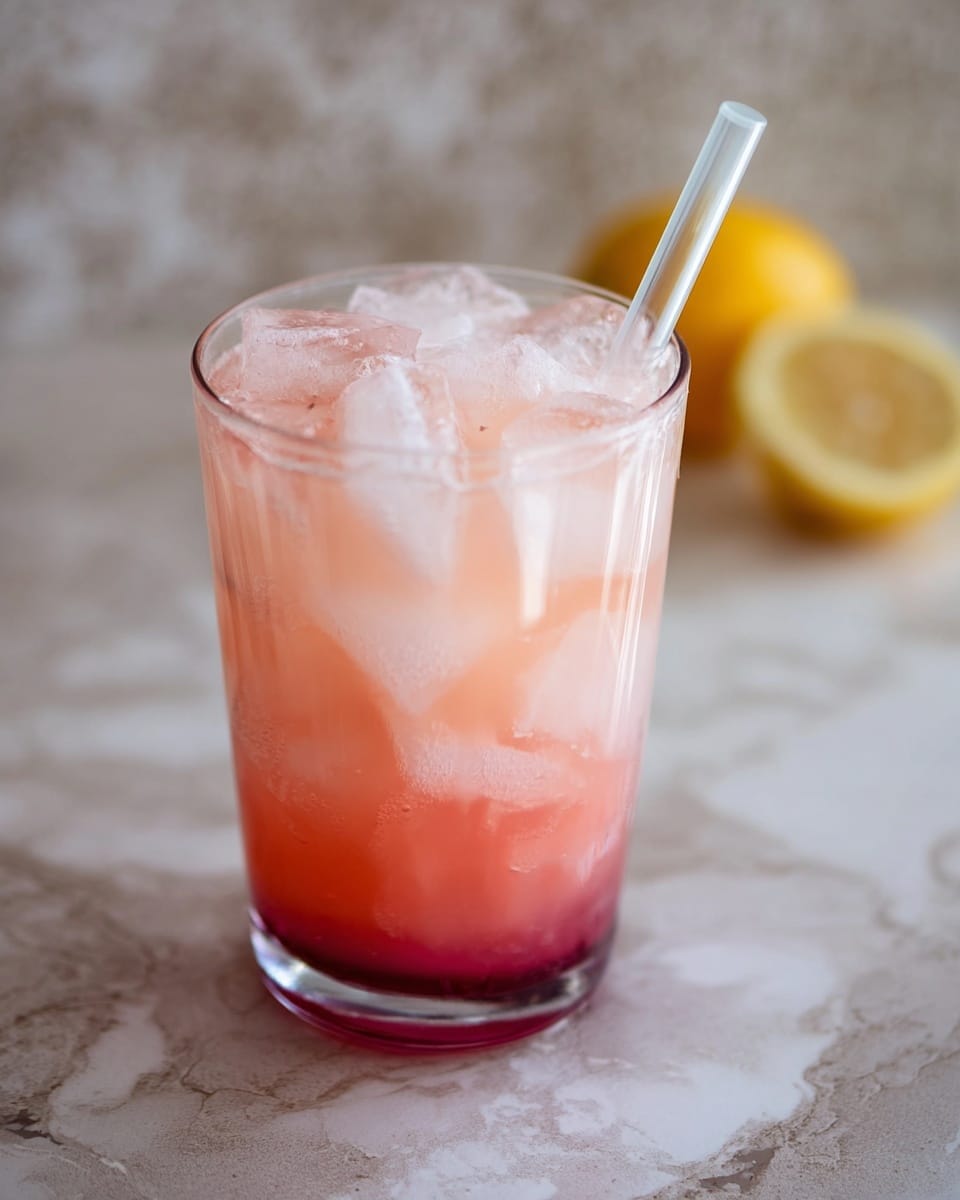 A clear glass filled with a layered drink showing three distinct layers; the bottom layer is a deep pinkish-red, the middle layer is a pale pink, and the top layer is a light almost translucent pink with large ice cubes floating inside, and a white straw is placed in the glass. The glass is set on a white marbled texture surface, and in the background, there is a blurred half-cut lemon. photo taken with an iphone --ar 4:5 --v 7