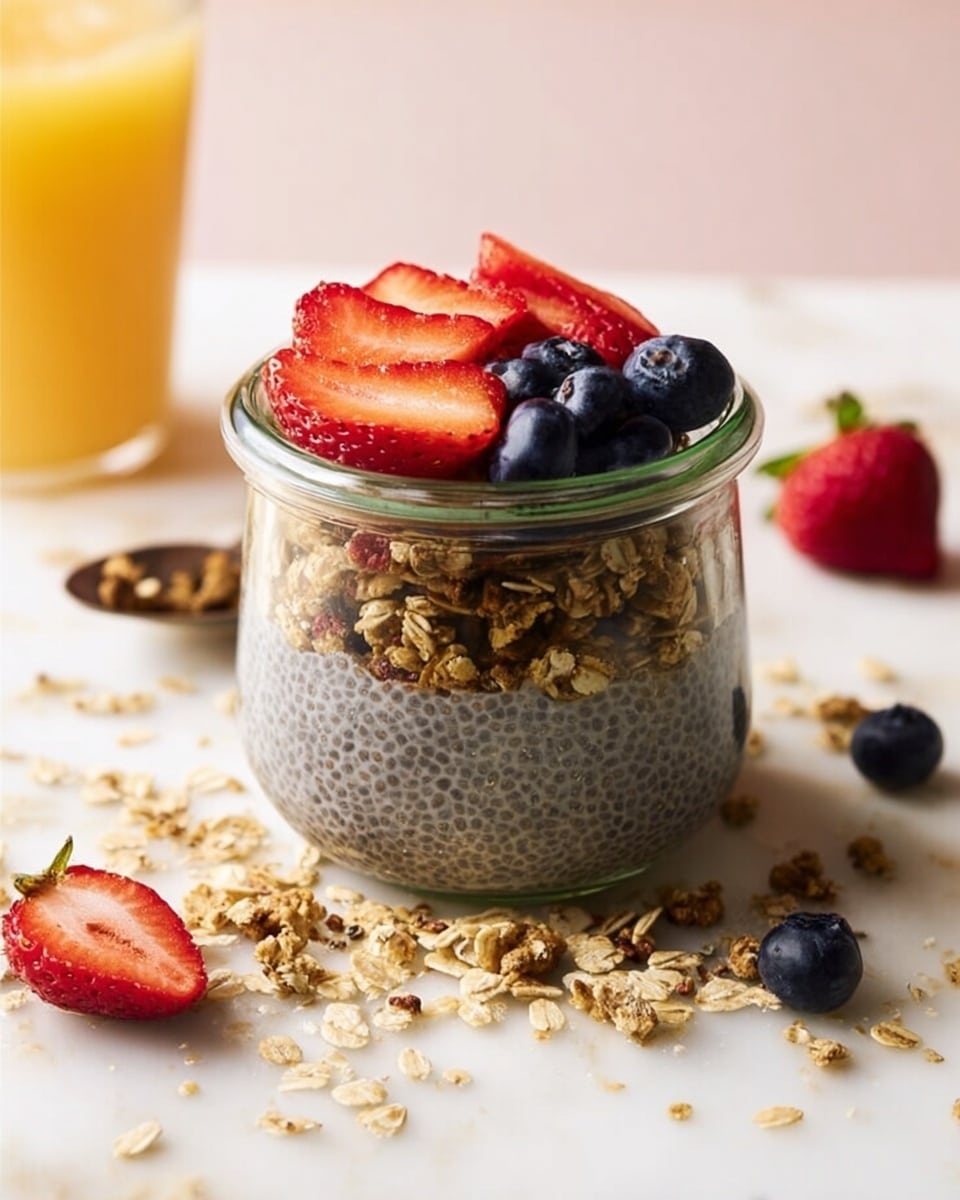 A clear glass jar filled with three layers: the bottom layer is dark gray chia pudding with small visible chia seeds, the middle layer is mixed granola with light brown oats scattered on top of the pudding, and the top layer features fresh fruit including red halved strawberries and whole dark blue blueberries arranged on the granola; the jar is placed on a white marbled surface with scattered granola pieces, halved strawberries, and blueberries around it. A glass of orange juice is partly visible in the top left corner, and the background has softened pink and white tones. photo taken with an iphone --ar 4:5 --v 7
