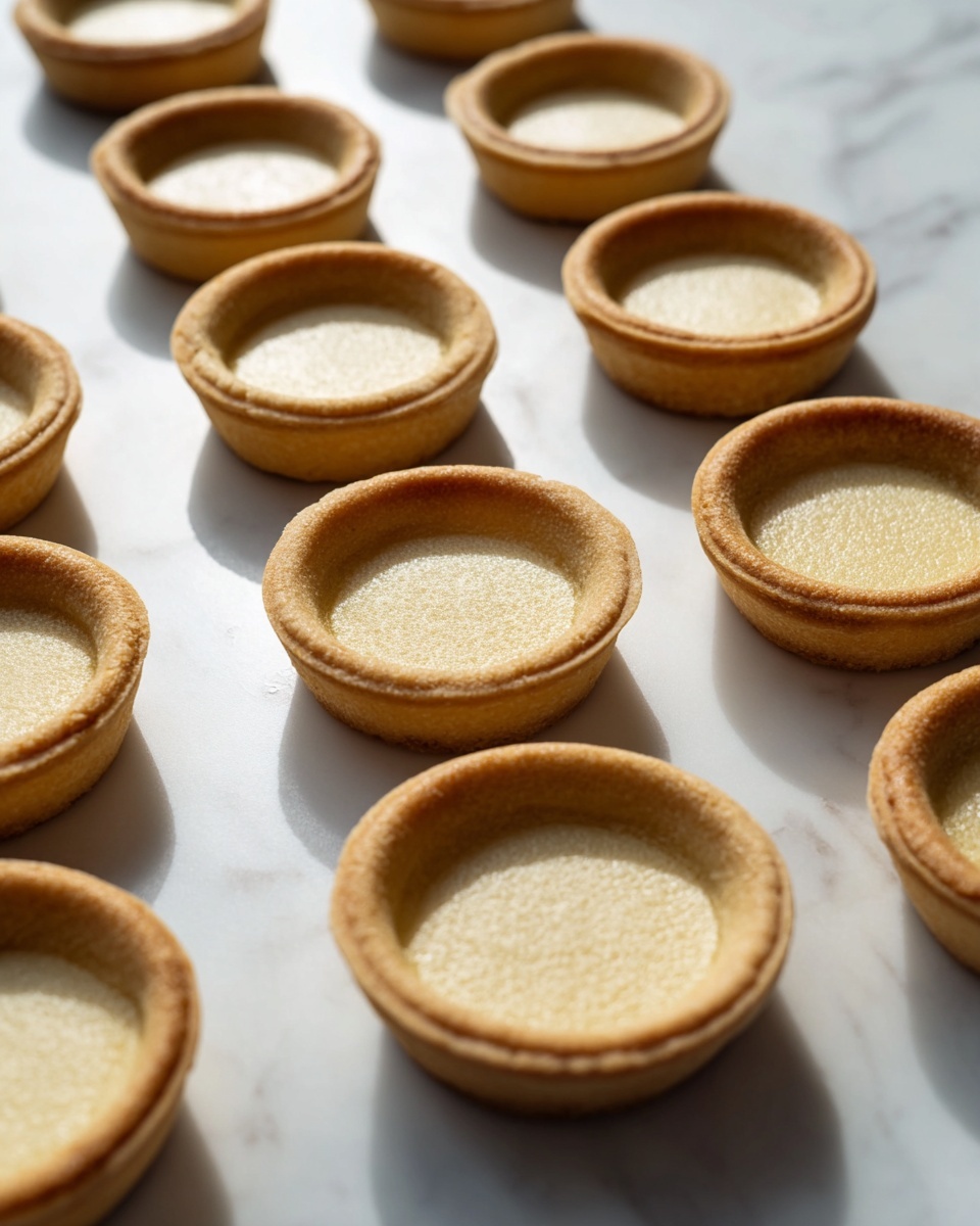 Multiple round tart shells are placed on a white marbled surface. Each tart shell has two visible layers, a light golden brown crust forming the outer ring, and a slightly paler, smooth inner base that looks soft and ready for filling. The shells are neatly arranged in rows, showing uniformity in size and shape. Light shines softly from the top right, casting delicate shadows that highlight the texture of the baked dough. Photo taken with an iphone --ar 4:5 --v 7