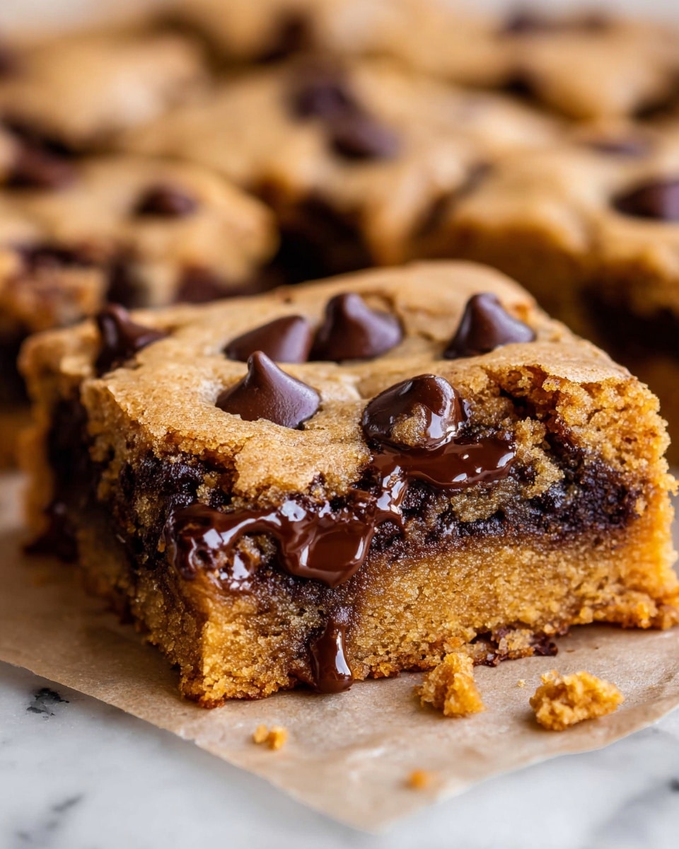 A close-up of a single thick square cookie with a golden brown top layer that is slightly cracked and dotted with semi-melted dark chocolate chips. The cookie has a moist and crumbly texture with a second darker chocolate layer inside, visible from the side where a small chunk is missing. The melted chocolate oozes slightly from the middle, creating a glossy, rich look. The cookie sits on light brown parchment paper over a white marbled surface, with soft focus on other cookies in the background. photo taken with an iphone --ar 4:5 --v 7