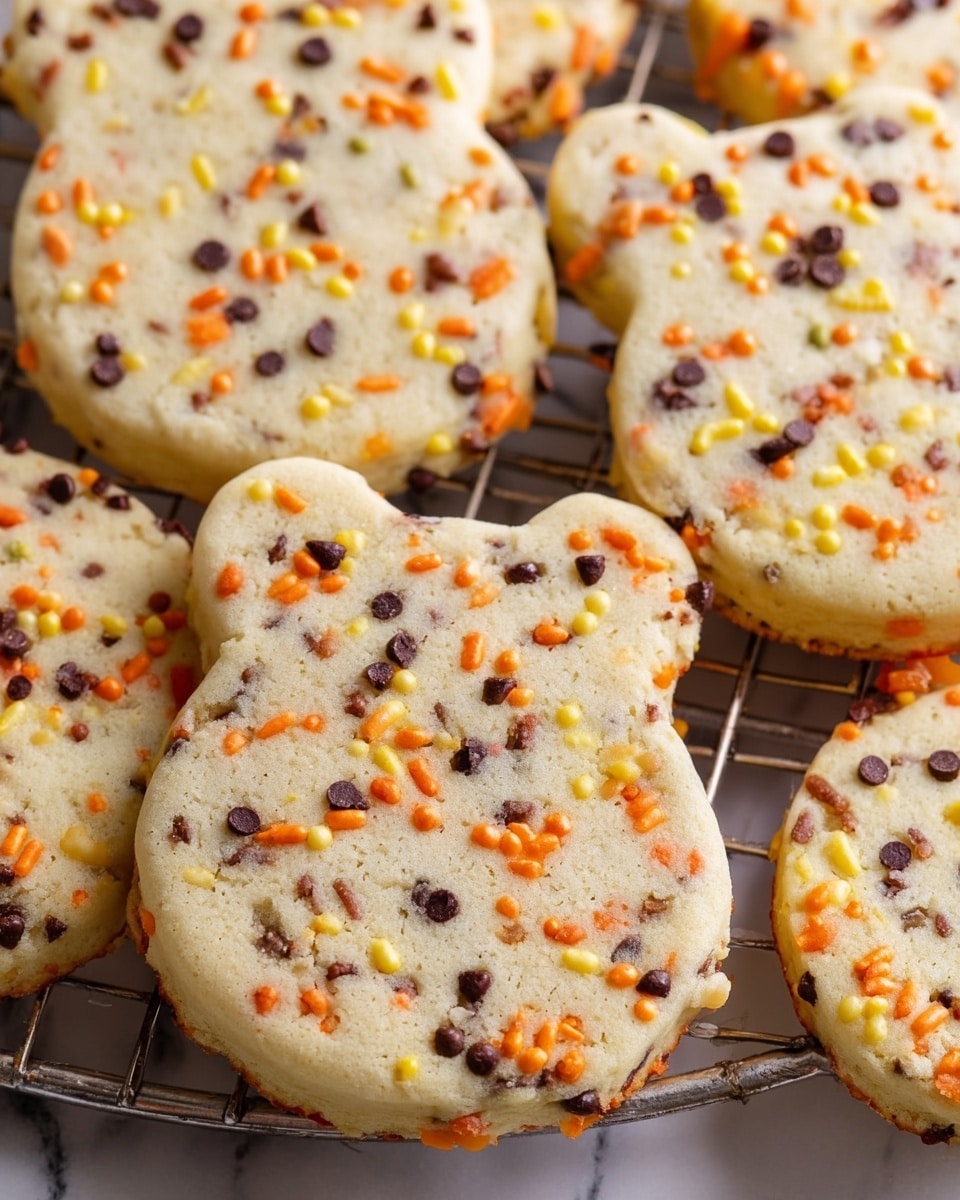 A stack of seven round cookies with chocolate chips and small colorful sprinkles is placed on a round metal cooling rack. The cookies are pale beige with visible dark brown chocolate chips and tiny orange, yellow, and green sprinkles scattered throughout. One cookie lies flat in the foreground, partially cut off by the frame. To the right, a white bowl filled with small dark chocolate chips is visible. The scene is set on a white marbled texture surface and a soft blurry gray background. Photo taken with an iphone --ar 4:5 --v 7
