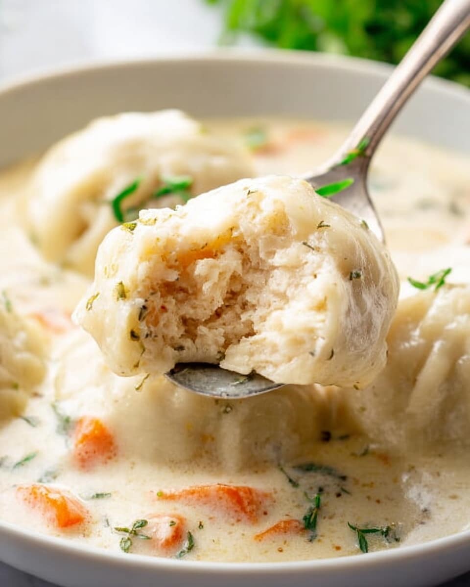 A close-up view of a creamy dish featuring soft, pale beige dumplings with a slightly rough texture, sitting in a thick, light cream-colored sauce with small bits of orange carrot and green herbs scattered throughout. One dumpling is held on a silver spoon, showing its dense, fluffy inside with visible seasoning flecks, while fresh green herb leaves garnish the plate in the background. The dish is served on a white plate placed on a white marbled surface. photo taken with an iphone --ar 4:5 --v 7