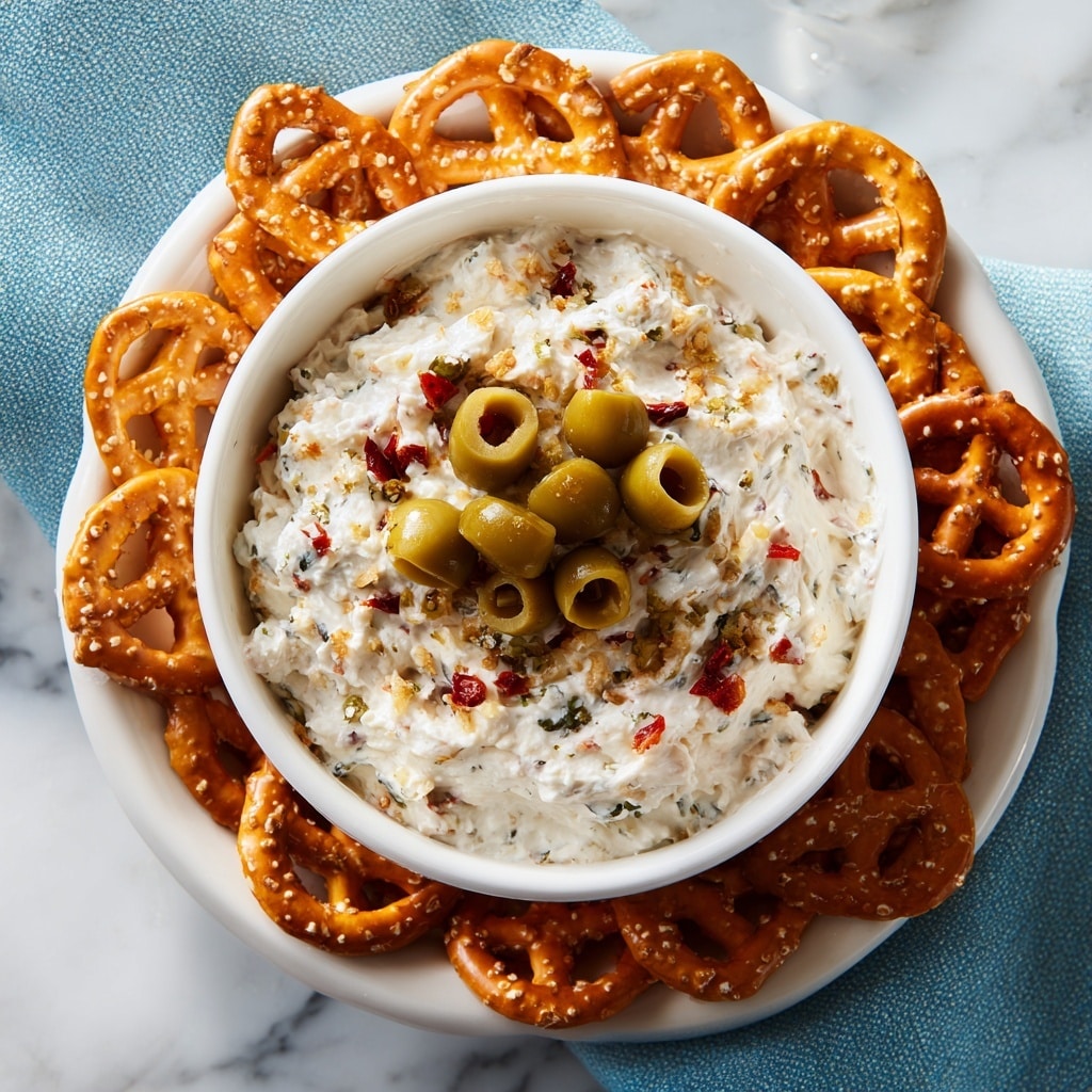 A white plate holds many golden-brown pretzel chips with a slightly shiny, salt-speckled surface, arranged around a small white bowl. The bowl is filled with creamy white dip mixed with small orange and black bits inside, topped with a layer of chopped light-green olives and small pieces of orange pepper spread unevenly on top. The plate is placed on a blue textured cloth with a green blurred background. photo taken with an iphone --ar 4:5 --v 7