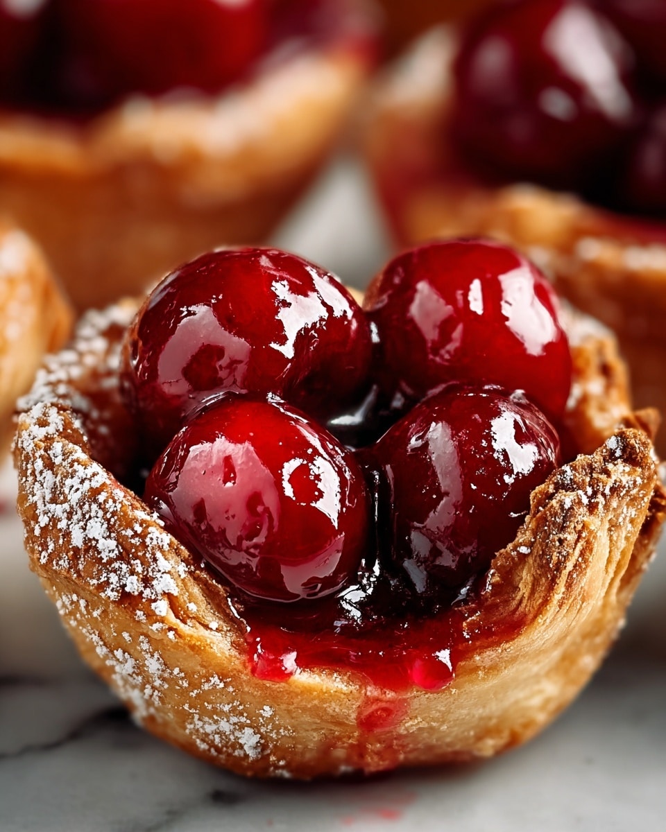 The image shows a close-up of a small tart with a golden brown crust that looks slightly glossy and has a dusting of powdered sugar on top. Inside the tart, there are bright red, shiny cherries covered in a thick, glossy red jelly that looks fresh and juicy. The tart shell holds the cherries tightly, and you can see the rich red color from the fruit and jelly spilling over a bit around the edges. The background is a soft, white marbled texture that helps the bright red cherries stand out clearly. photo taken with an iphone --ar 4:5 --v 7