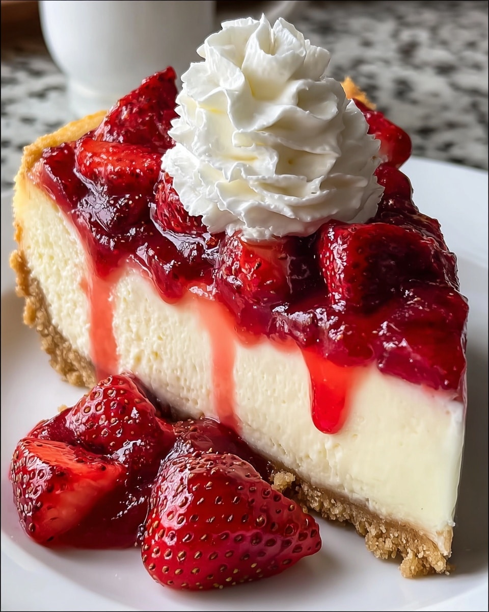 A slice of cheesecake sits on a white plate with light speckles, placed on a white marbled surface. The dessert has three main layers: a crumbly light brown crust at the bottom, a thick creamy off-white cheese layer in the middle, and a glossy bright red strawberry sauce layer on top. Whole and halved fresh strawberries covered in the sauce are piled generously on the top layer. A dollop of plain white whipped cream crowns the center of the strawberries, adding texture and height. Photo taken with an iphone --ar 4:5 --v 7