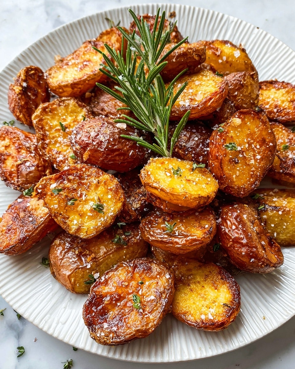 A plate filled with crispy roasted potato halves, golden brown on the outside with some darker, crunchy edges, showing rough, textured surfaces that highlight their crispiness. The potatoes are sprinkled with coarse salt and small bits of green herbs, adding contrast and texture. Two sprigs of fresh rosemary with green needle-like leaves lay on top, adding a fresh green color and a touch of elegance. The food is served on a white plate with ridged edges, placed on a white marbled background. photo taken with an iphone --ar 4:5 --v 7