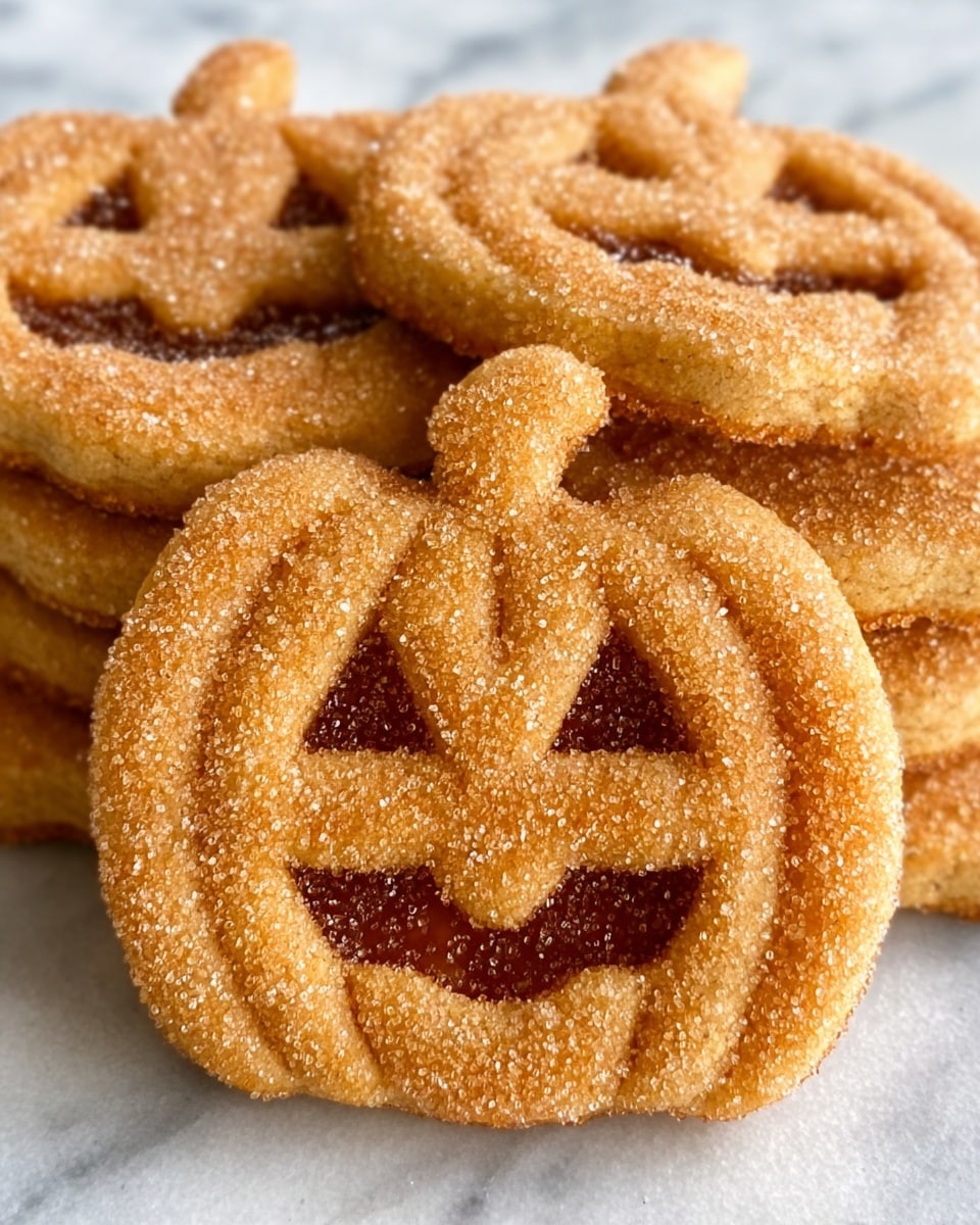 The image shows three pumpkin-shaped cookies with a light golden-brown color and a rough texture covered with sugar crystals. Each cookie has cut-out eyes and a mouth that resemble a jack-o'-lantern’s face with triangular eyes and a jagged smile. The cookies are stacked slightly overlapping on a white marbled surface. The photo focuses closely on the cookies, showing their sugar-coated detail and the soft, baked texture of the dough. photo taken with an iphone --ar 4:5 --v 7