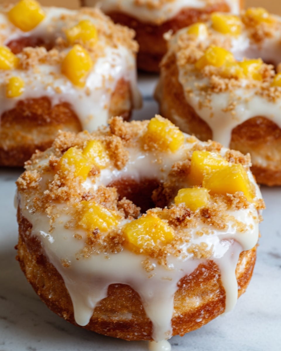 The image shows close-up of four doughnuts on a white marbled surface, each topped with a thick white glaze that drips down the sides. On top of the glaze, there are small chunks of bright yellow mango, scattered evenly, and sprinkled with a golden-brown crumbly topping that looks crunchy. The doughnuts have a golden-brown color, showing a soft and airy texture underneath the toppings. photo taken with an iphone --ar 4:5 --v 7