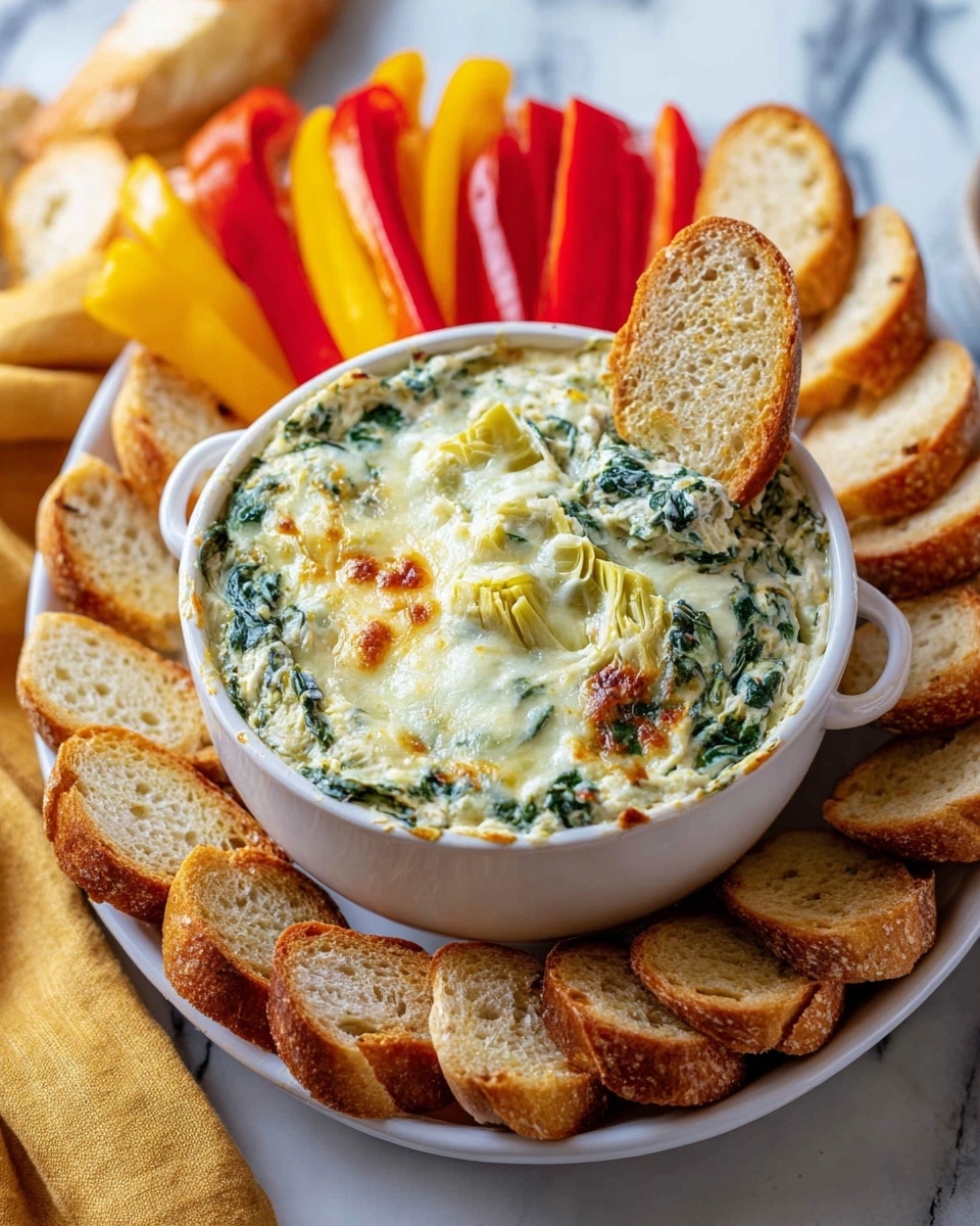 A white bowl filled with creamy spinach and artichoke dip that is melted and browned on top, showing green spinach and soft yellow artichoke hearts mixed in a thick, cheesy white layer. Around the bowl on a white plate, there are toasted baguette slices arranged in a circle, golden brown with a crunchy texture. Behind the bowl, there are red and yellow bell pepper strips adding bright colors. The plate and food are placed on a white marbled surface with a folded yellow cloth nearby. One toasted baguette slice is dipped into the dip, leaning on the bowl’s edge. photo taken with an iphone --ar 4:5 --v 7