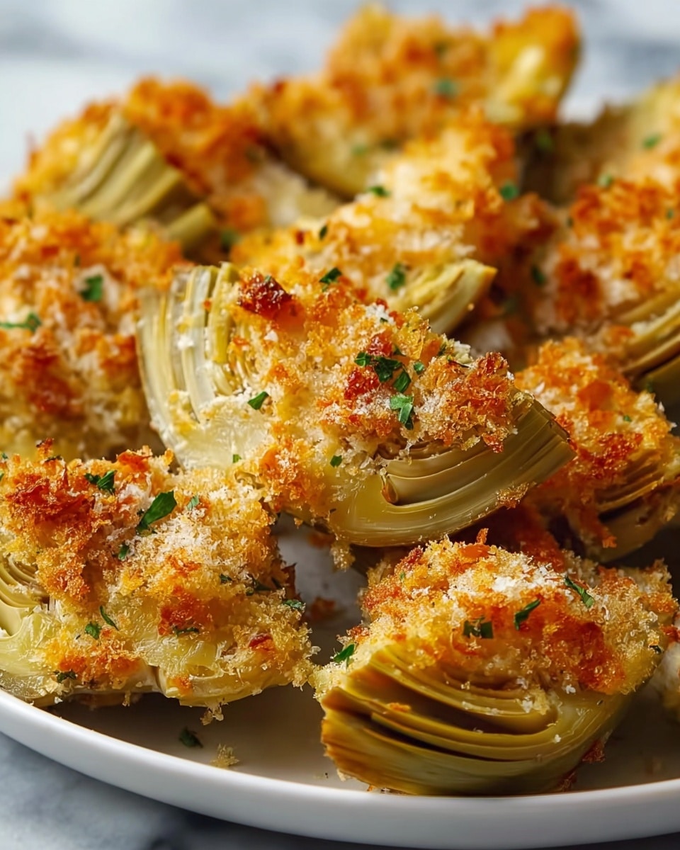 The image shows several pieces of cooked artichoke hearts, each cut in half and arranged closely together on a white plate. Each piece has a golden-brown crispy crust on the exposed edges, with a rough, crunchy texture from the breading or cheese topping. The artichoke layers inside are pale yellow to light green, soft and tender looking. Small flecks of green herbs are scattered over the top, adding a fresh color contrast. The background surface is a white marbled texture that softly blurs, keeping the focus on the crispy artichoke halves. photo taken with an iphone --ar 4:5 --v 7