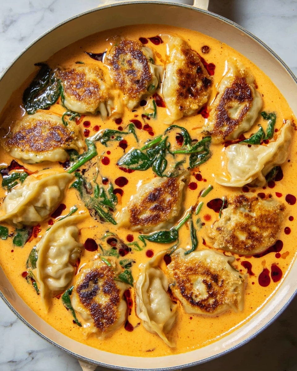 The image shows a white pot filled with creamy orange sauce that covers the bottom layer, speckled with dark red oil spots and fresh green spinach leaves scattered evenly throughout. On top, there is a single layer of golden brown fried dumplings arranged in a circle, each dumpling slightly browned and crisp on one side. The colors contrast well with the smooth sauce and the textured, crispy dumplings, all set against a white marbled surface. Photo taken with an iphone --ar 4:5 --v 7