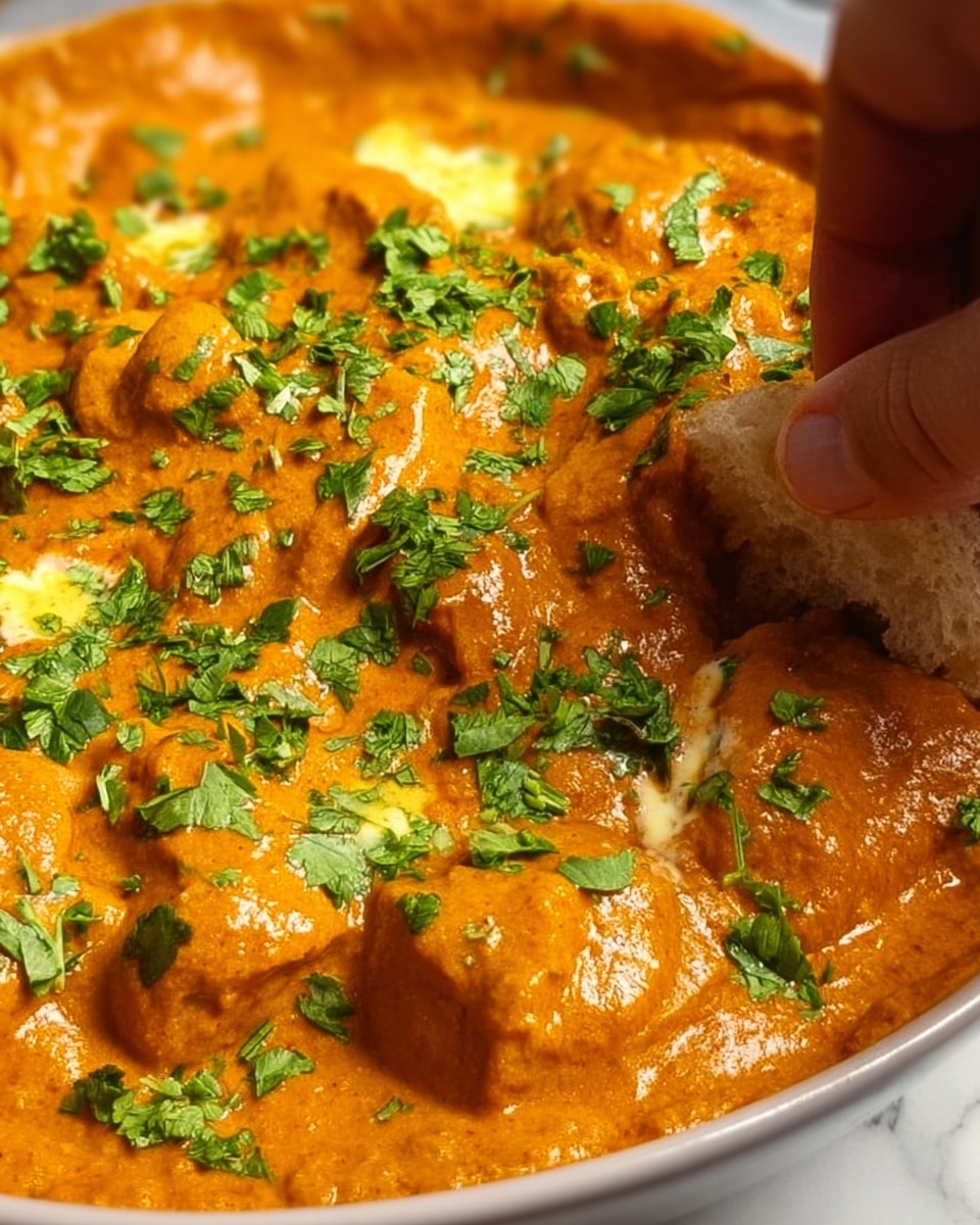 A close-up image shows a thick orange curry with a rich, smooth texture, topped with finely chopped fresh green cilantro scattered evenly across the top layer. A woman's hand is seen dipping a round piece of bread into the curry, with a small spot of light yellow butter melting on the bread’s surface. The dish is set against a white marbled background. Photo taken with an iphone --ar 4:5 --v 7
