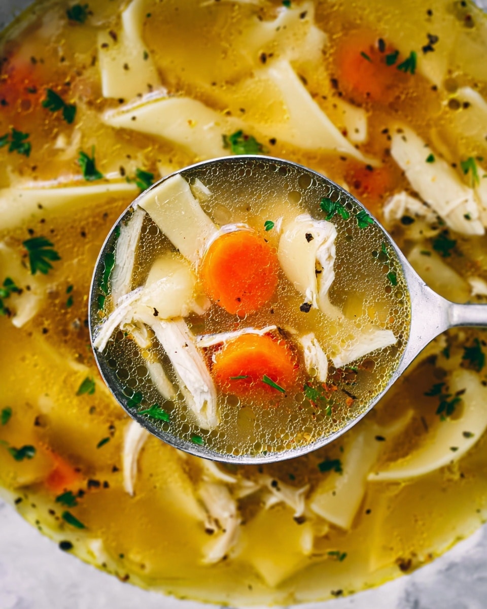 The image shows a close-up view of chicken noodle soup with clear golden broth filled with lifted spoonful of ingredients. The soup has three main layers visible: the top layer is the clear broth with tiny oil droplets, the middle layer contains slices of bright orange carrots and bits of chopped green herbs, and the bottom layer reveals white thick flat pasta noodles and shredded white chicken pieces. Small black pepper dots are sprinkled over the soup, adding texture and contrast. The spoon is metal and brings a circular focus on the mix of all ingredients in the soup. The background features a white marbled texture. Photo taken with an iphone --ar 4:5 --v 7