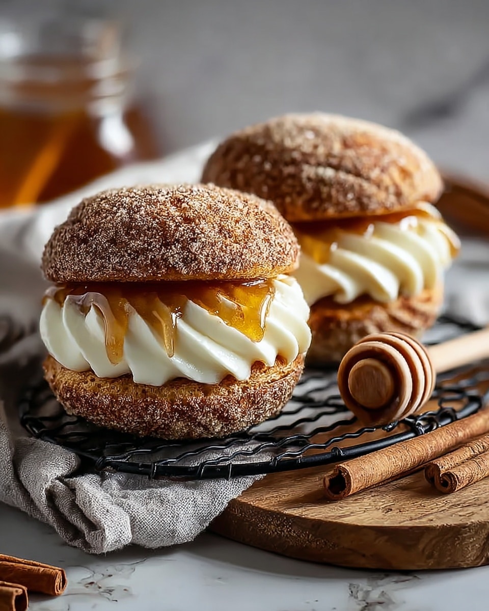 Two small round sandwich-like pastries are shown on a black wire rack over a wooden board. Each pastry has three main layers: the top and bottom layers are golden brown buns covered with a grainy sugar and cinnamon coating, rough in texture. In between the buns is a thick layer of smooth, creamy white frosting with soft swirls, topped with a shiny, amber-colored syrup that drips slightly over the cream. Nearby, a wooden honey dipper and cinnamon sticks rest on a light grey cloth, all set against a white marbled background. photo taken with an iphone --ar 4:5 --v 7