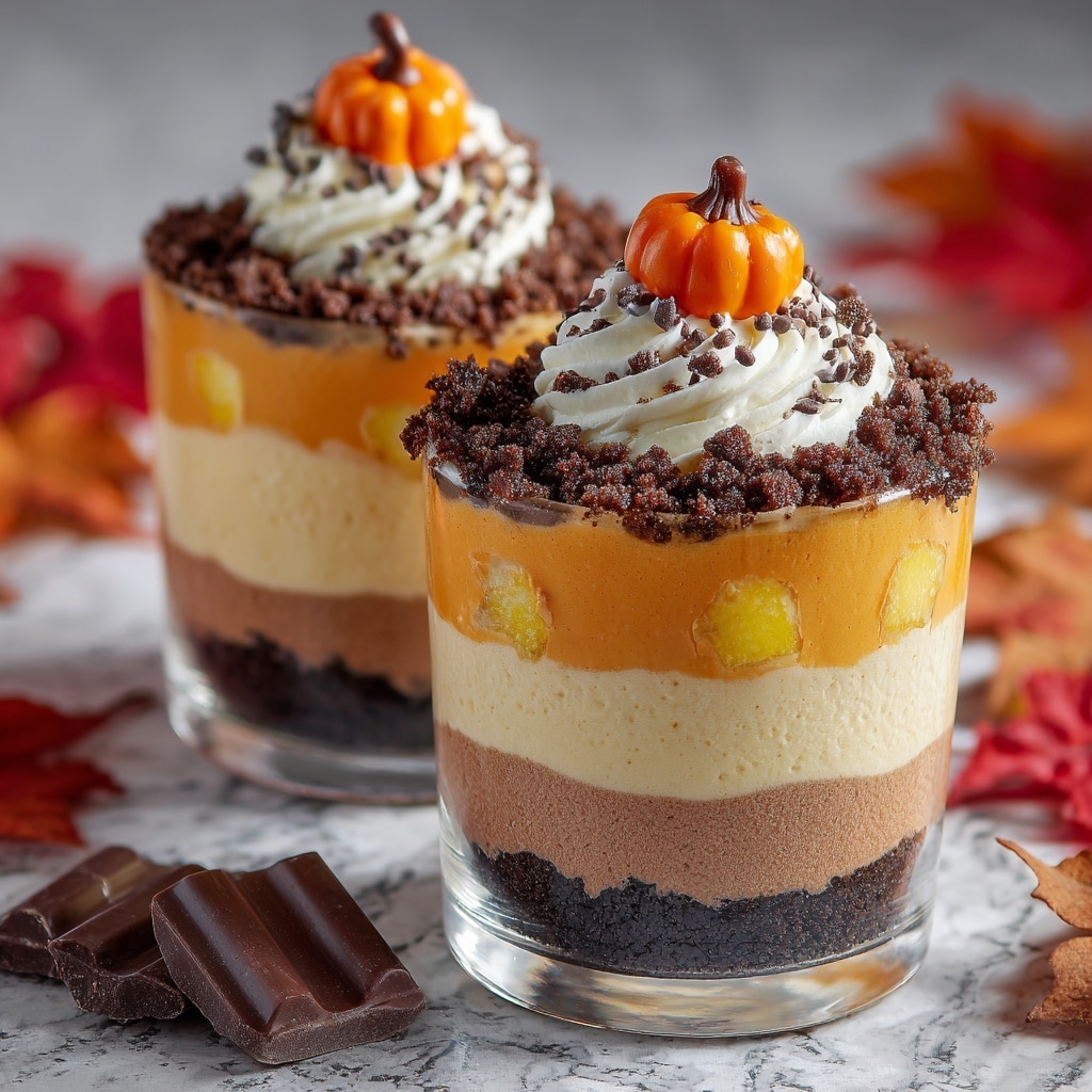 Two clear glass cups show layered pumpkin desserts, each with four layers: a bottom layer of dark brown crumbly cake, a thick creamy white middle layer, a bright orange pumpkin mousse layer above that, topped with a crumbly dark brown topping resembling soil, and decorated with small dollops of white cream, a tiny brown stick, and small round pieces. The cups sit on a white marbled surface with orange pumpkins and red autumn leaves around them. A woman's hand is reaching for one of the cups. Photo taken with an iphone --ar 4:5 --v 7