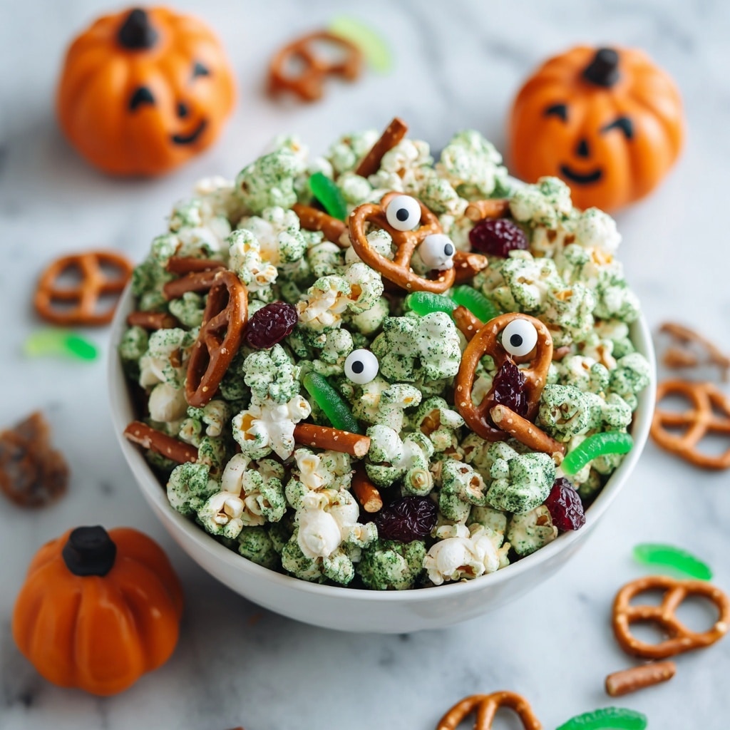 A white bowl filled with green-coated popcorn mixed with white popcorn, showing a speckled green texture on many pieces. Thin, brown pretzel sticks with a glossy look are scattered evenly in the bowl, sticking out in different directions. Small, round candy eyes are placed on some popcorn pieces, adding a playful detail. Bright gummy worms in green and reddish-brown colors lie on top and among the popcorn and pretzels. The bowl sits on a white marbled surface, and parts of orange pumpkin-shaped containers with black faces are seen around, giving a Halloween feel. photo taken with an iphone --ar 4:5 --v 7