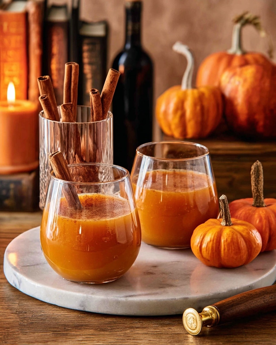 Two clear glasses shaped like pumpkins hold a single layer of bright orange pumpkin drink inside. Each glass is topped with a whole brown cinnamon stick resting on the rim. Behind the glasses, a glass container is filled with several cinnamon sticks. In front and beside the glasses, there are two small vibrant orange pumpkins. Everything is set on a round white wooden board placed on a white marbled surface. The background has a warm brown tone with two lit candles in black holders visible on the left side. Photo taken with an iphone --ar 4:5 --v 7