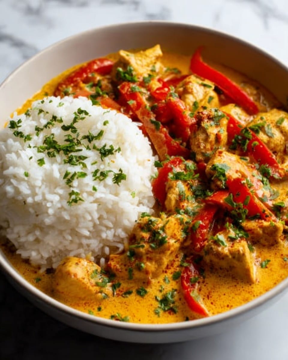 A close-up of a white bowl filled with two main layers: on the left, a rich orange curry with pieces of browned chicken and bright red and orange bell pepper strips, all covered in a creamy sauce sprinkled with finely chopped green herbs; on the right, a mound of fluffy white rice topped with the same green herb garnish, creating a contrast between the smooth texture of the curry and the grainy texture of the rice, set against a white marbled surface. photo taken with an iphone --ar 4:5 --v 7