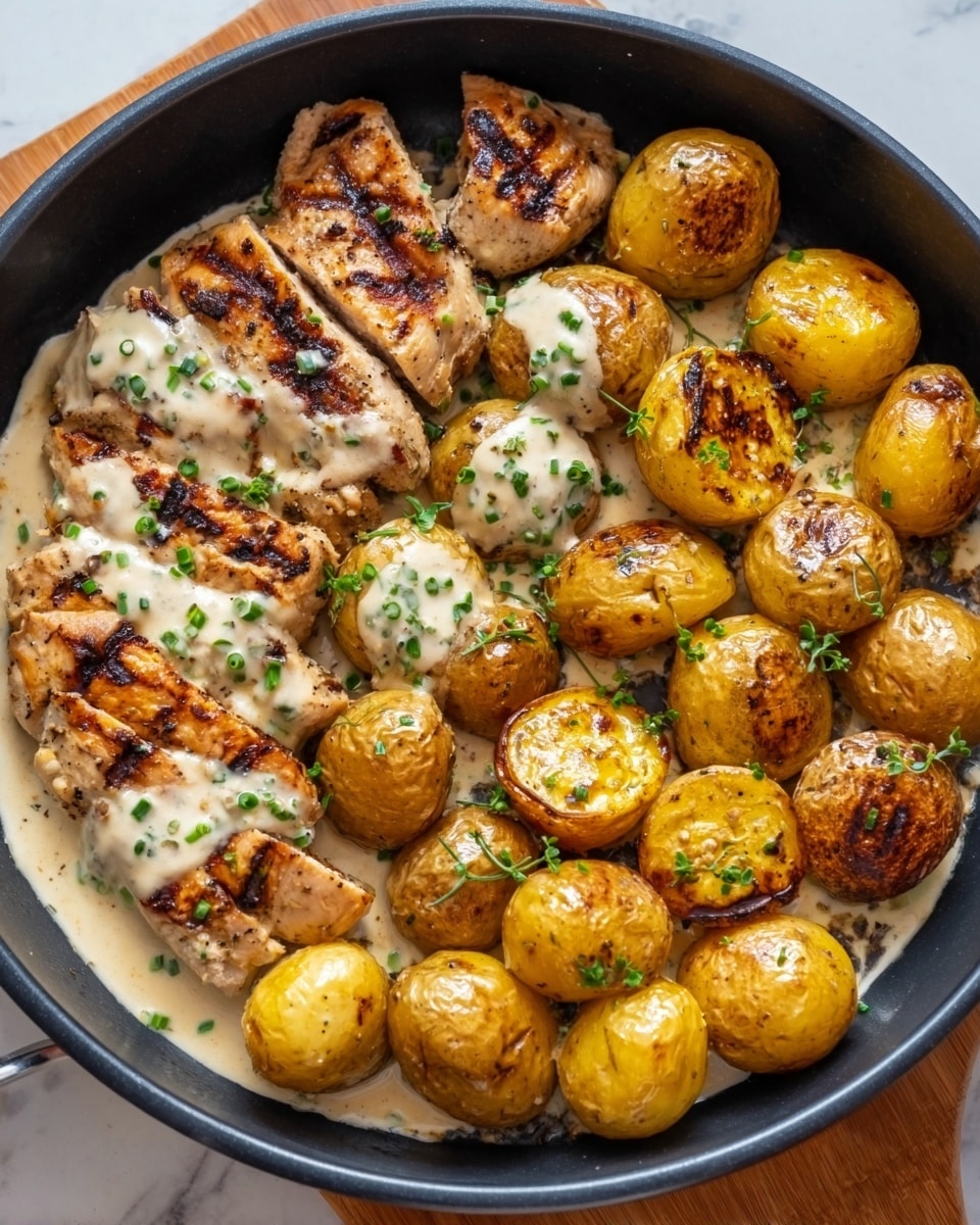 The image shows a black pan filled with grilled chicken pieces on the left side and golden roasted baby potatoes on the right side, all sitting on a creamy sauce at the bottom. The chicken pieces are light brown with clear grill marks, and the sauce is a smooth light beige color, sprinkled with small green parsley bits. The baby potatoes are cut in halves, shiny with a roasted crisp golden brown surface. The pan rests on a wooden board, which is placed on a white marbled surface. photo taken with an iphone --ar 4:5 --v 7