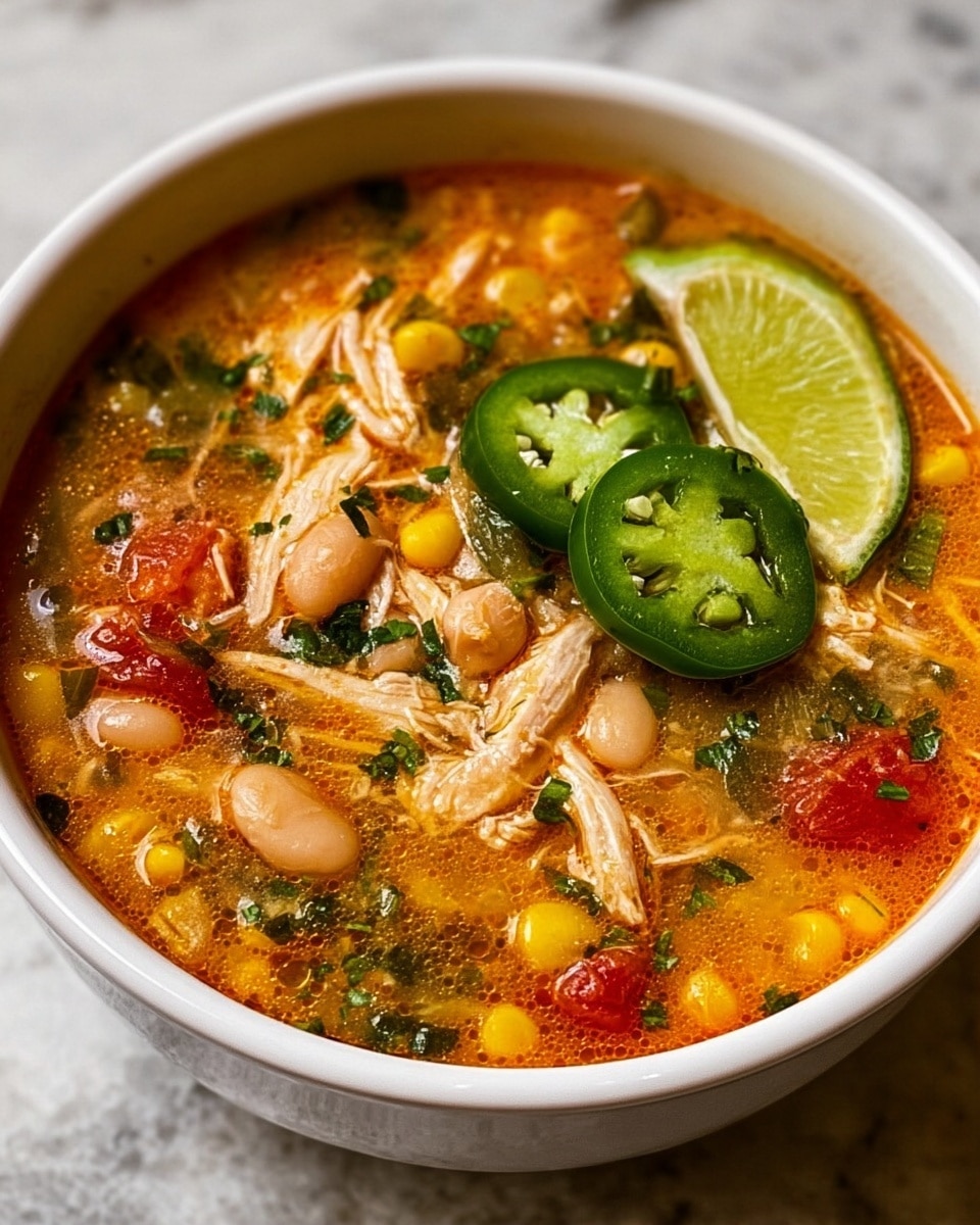 A creamy chicken soup in a white bowl filled with a thick yellow-orange broth, shredded chicken pieces, chunks of red tomatoes, and light yellow chickpeas mixed throughout. On top, there is a dollop of white sour cream sprinkled with chopped green herbs. Three bright green jalapeno slices sit on the sour cream, and two slices of lime lean against the bowl edge in the background. The soup looks rich with small bubbles and fresh spices, all placed on a white marbled surface. photo taken with an iphone --ar 4:5 --v 7