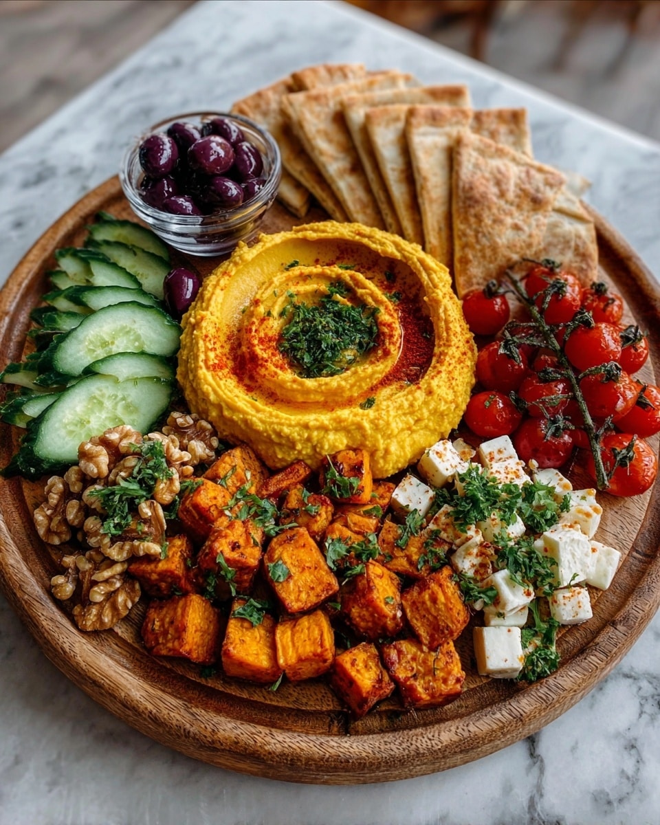 A round wooden board holds a colorful platter with multiple layers of food. In the center, there is a thick swirl of smooth yellow hummus topped with green herbs and a sprinkle of red spice. Surrounding the hummus, from left to right, are neatly sliced green cucumbers, soft beige pita bread wedges leaning against a small glass bowl filled with dark purple olives, juicy red cherry tomatoes still on their vine, fresh chopped green parsley, crumbled white feta cheese resting on a bed of light brown walnuts, and small cubes of roasted orange sweet potato seasoned with green herbs. The entire board sits on a white marbled surface. photo taken with an iphone --ar 4:5 --v 7