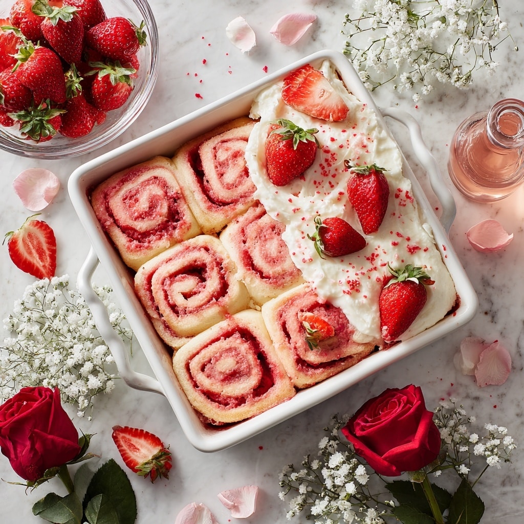 The image shows a white square dish filled with six bright pink cinnamon rolls arranged in two rows. The rolls have a smooth, soft texture with swirls of red filling visible inside. The top right corner of the dish has a generous layer of white creamy frosting spread unevenly over three rolls, topped with small red sprinkles and fresh halved strawberries that add a pop of red and green color. Around the dish, there are fresh red roses, white baby's breath flowers, and halved strawberries scattered on a white marbled surface. A clear glass bowl with more halved strawberries and a small bottle of a light pink liquid sit near the dish. Photo taken with an iphone --ar 4:5 --v 7
