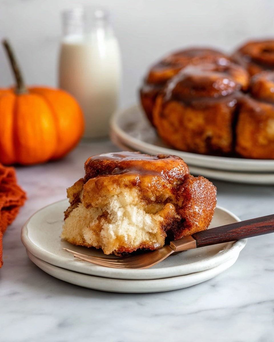 The image shows a close-up of a single cinnamon roll piece on a white plate with a dark wooden fork resting on the side. The cinnamon roll has two thick layers of soft, light golden dough coated with a sticky, shiny cinnamon sugar glaze that gives it a rich brown color and a slightly crispy texture on the outside. In the background, a larger cinnamon roll with similar sticky glaze is placed on a white plate, partially out of focus, alongside a small orange pumpkin and a clear bottle with milk, all set on a white marbled surface. photo taken with an iphone --ar 4:5 --v 7