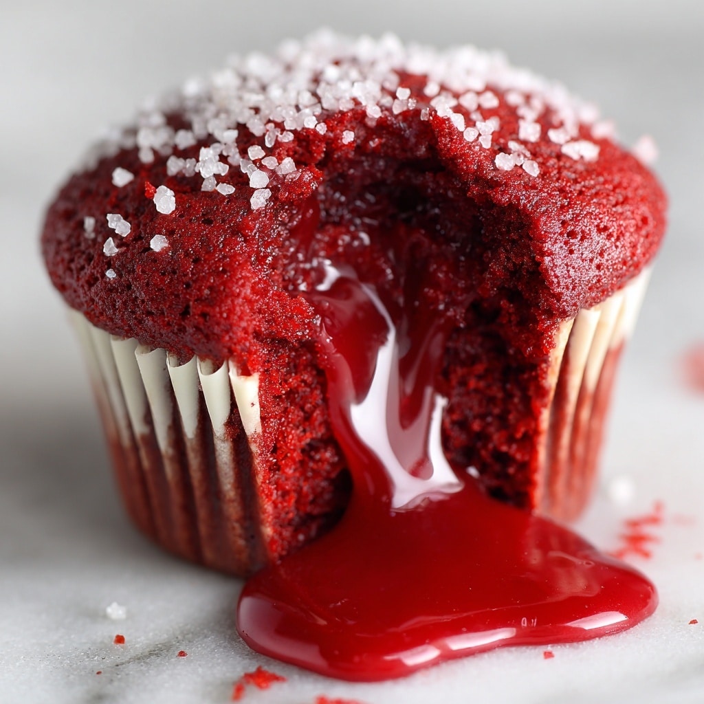 A close-up view of a red velvet cupcake with a bite taken out of its front, showing smooth, shiny red liquid flowing out from the center. The cupcake top is soft and slightly crumbly with a deep red color, and it is sprinkled with small white granules that cover the surface. The cupcake sits on a white marbled surface, with the thick red liquid pooling around its base. A woman's hand is gently holding the cupcake from the back side. photo taken with an iphone --ar 4:5 --v 7