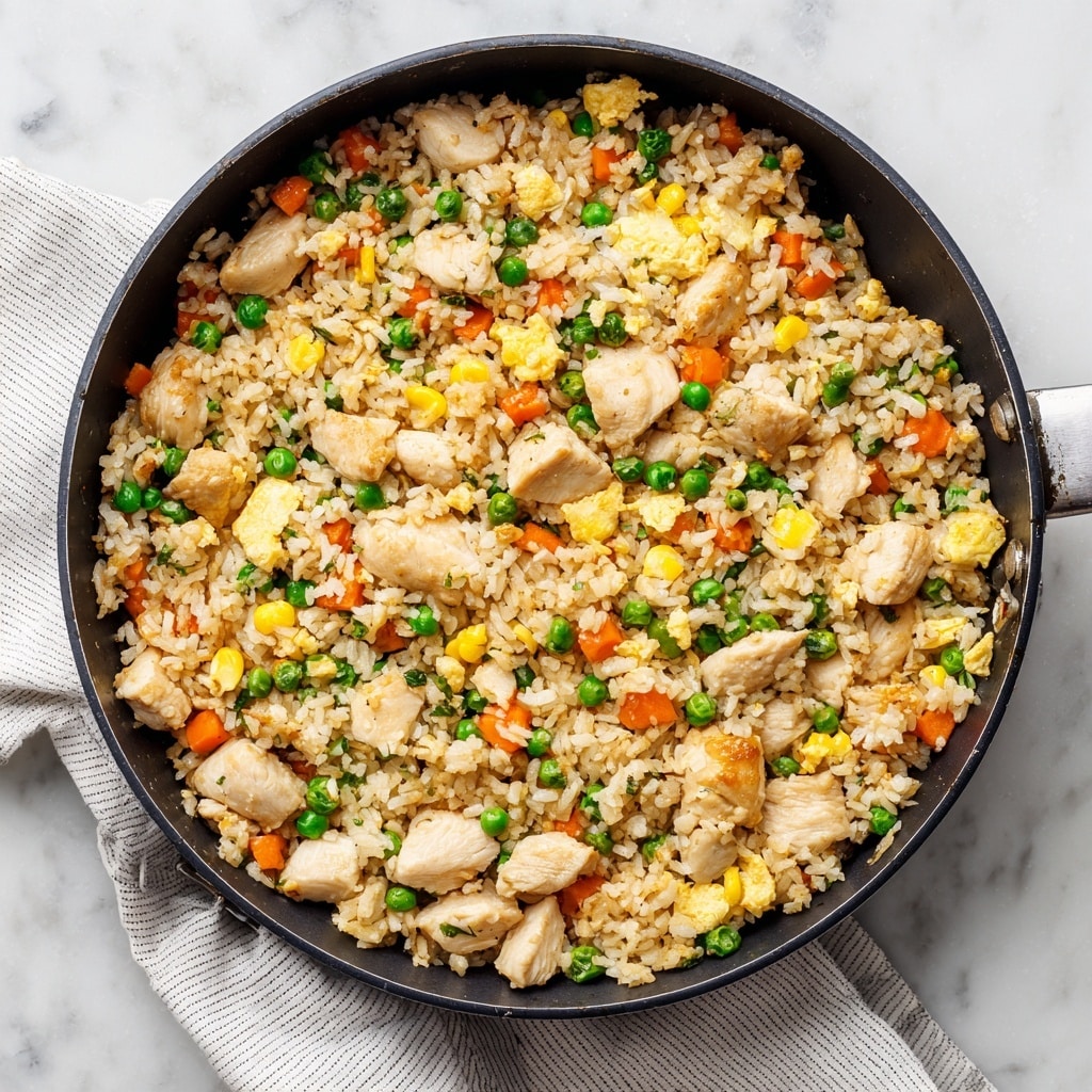 A large black pan filled with fried rice that has a light brown color, mixed with chunks of cooked white chicken pieces, bright green peas, yellow corn kernels, small orange carrot cubes, and scrambled egg pieces scattered evenly throughout. The pan rests on a white striped cloth set on a white marbled surface. The textures show the rice as slightly fluffy, the chicken tender, and the vegetables fresh and colorful, creating a well-mixed and appetizing look. photo taken with an iphone --ar 4:5 --v 7