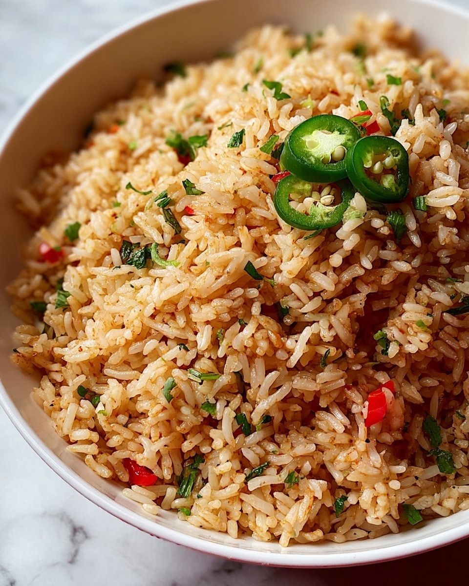 A close-up view of a white bowl filled with seasoned fried rice, showing individual grains with a light brown color from spices, mixed with finely chopped green herbs scattered evenly throughout. Slices of green chili peppers and small bits of red peppers are dotted on top and within the rice, adding pops of green and red colors. The texture of the rice looks fluffy and slightly oily, making it appear flavorful and fresh. The bowl sits on a white marbled surface. Photo taken with an iphone --ar 4:5 --v 7