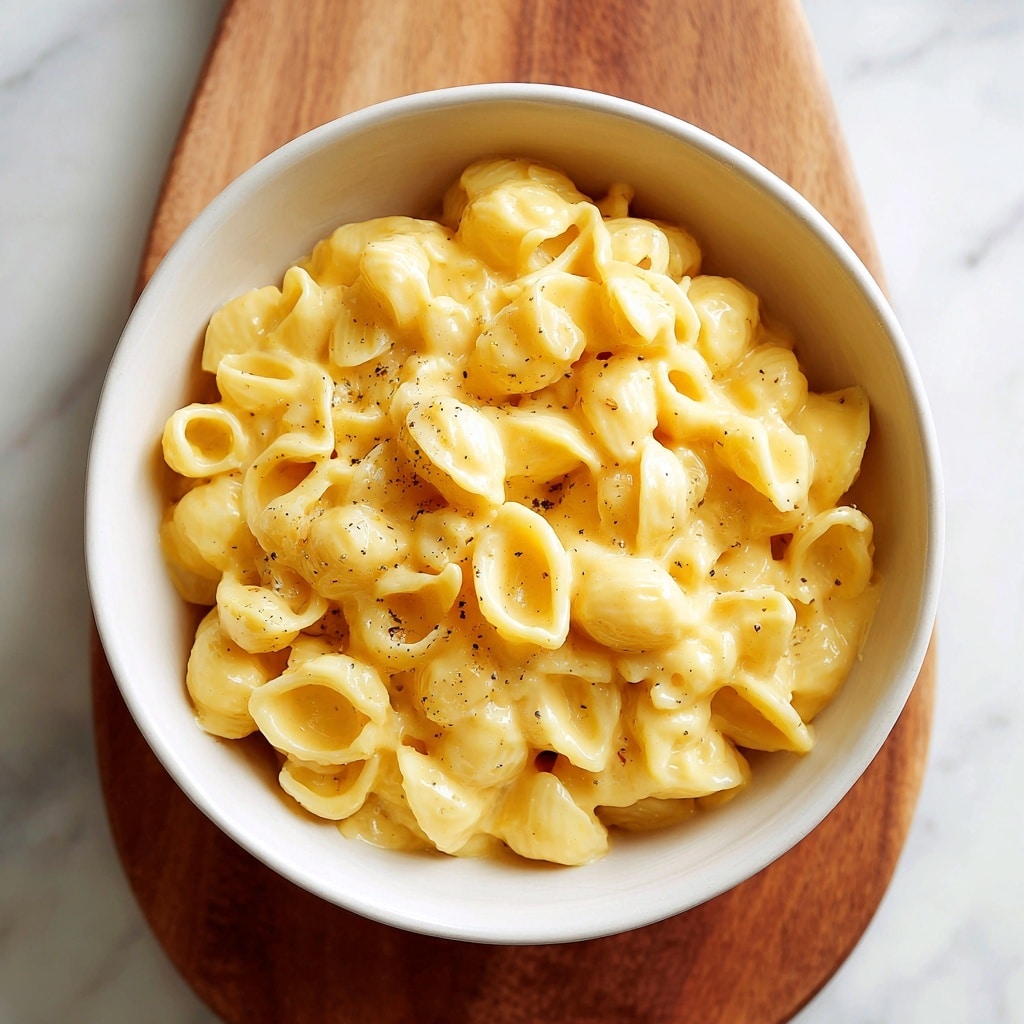 A close-up view of creamy macaroni and cheese served in a white bowl with small dotted textures on its surface. The dish features three layers of soft elbow pasta coated evenly in a smooth, light yellow cheese sauce with small specks of green herbs and tiny bits of red pepper scattered throughout. The cheese sauce looks rich and glossy, clinging to every piece of macaroni, creating slight bubbling and thick layers over the curved pasta shapes. The bowl rests on a white marbled surface, with a blurry dark brown background. Photo taken with an iphone --ar 4:5 --v 7