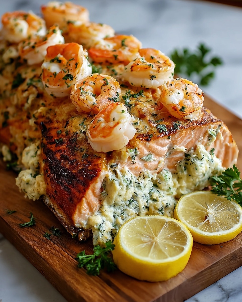 A large, grilled salmon fillet stuffed with a creamy, white filling mixed with chopped green herbs and topped with bright orange and white cooked shrimp, arranged along the top. The salmon has a golden-brown crust with visible grill marks and bits of green herbs on the surface. Two yellow lemon slices with green parsley garnish sit beside the salmon on a wooden board, all set against a white marbled texture. photo taken with an iphone --ar 4:5 --v 7