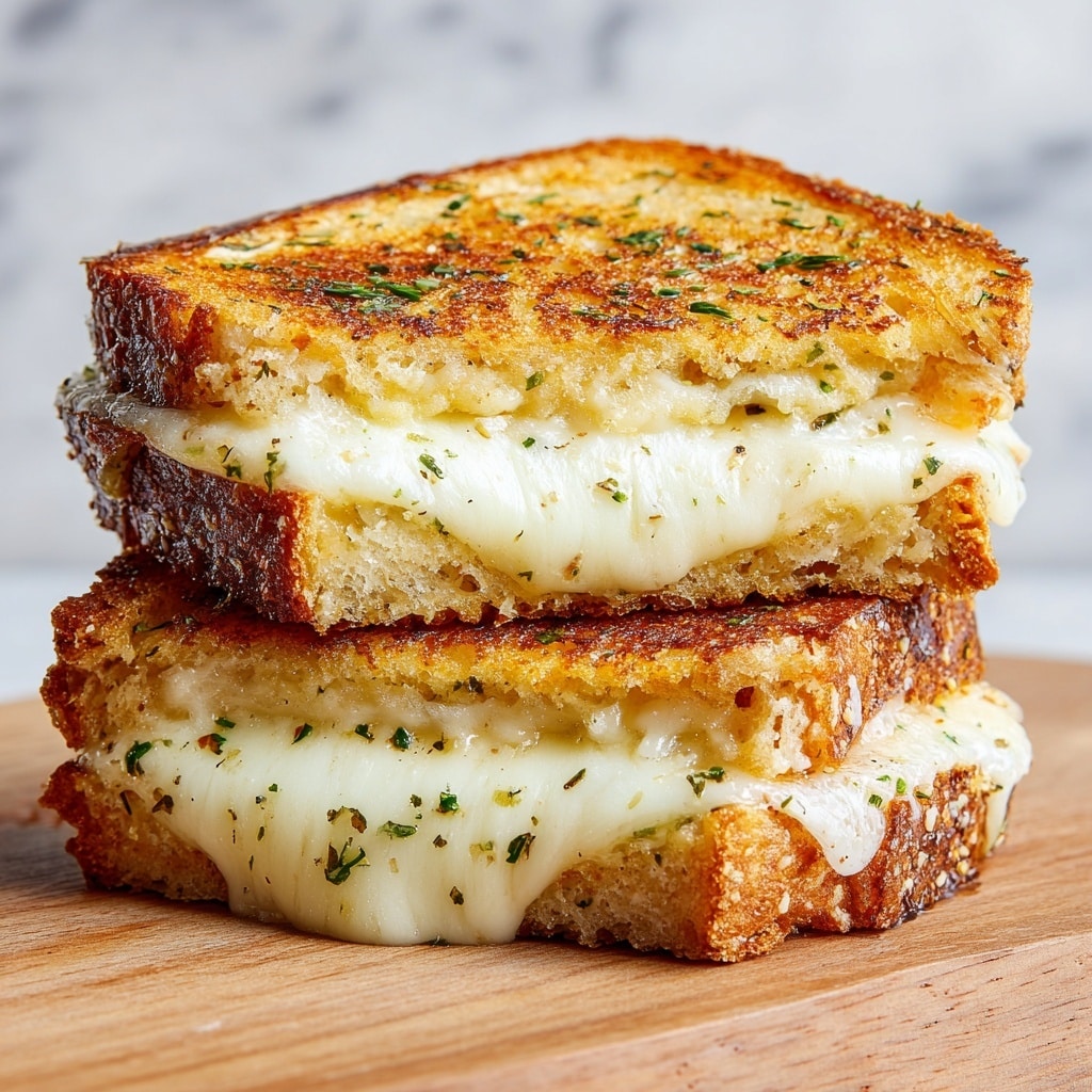A grilled cheese sandwich is shown with two thick slices of golden brown bread that have a crispy, toasted texture. The sandwich is cut in half and stacked, revealing a rich, gooey layer of melted white and orange cheese oozing out between the slices. The top surface of the bread has a sprinkling of green herbs and tiny bits of garlic spread evenly, adding a fresh contrast to the crispy golden crust. The sandwich rests on a wooden board, with a white marbled texture visible faintly in the background. photo taken with an iphone --ar 4:5 --v 7