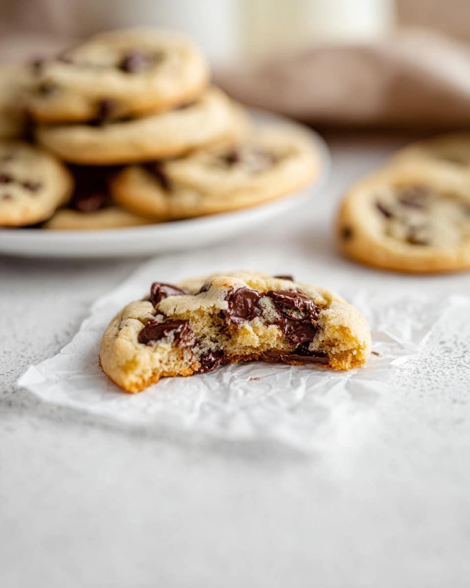 The image shows a close-up of a partially eaten chocolate chip cookie with visible soft, crumbly texture and melted chocolate chips inside. The cookie sits on a crumpled white piece of parchment paper placed on a white marbled surface. In the background, there is a white plate stacked with more chocolate chip cookies, slightly out of focus, creating a warm, inviting atmosphere. The colors are light beige and rich brown, emphasizing the cookie's fresh and gooey appeal. photo taken with an iphone --ar 4:5 --v 7