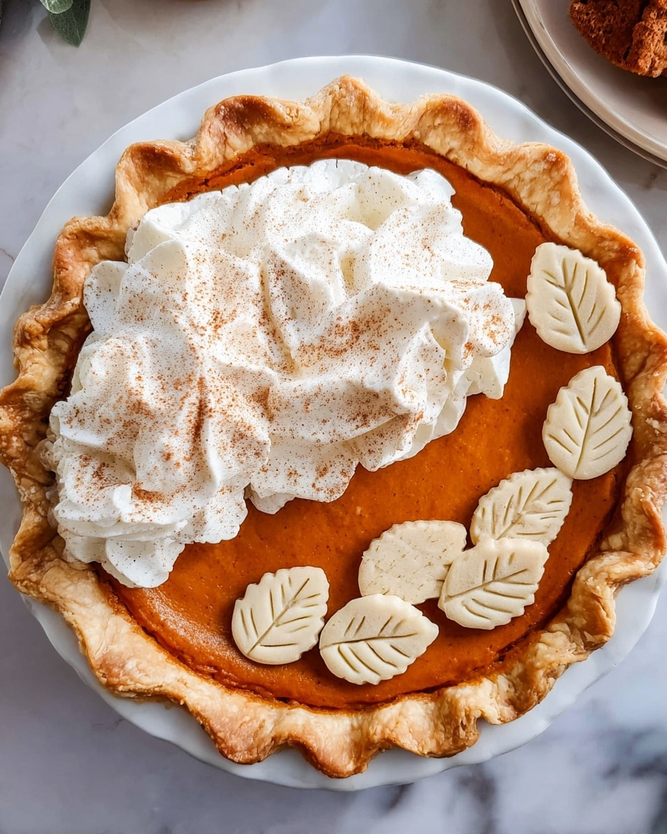 A pumpkin pie with a golden-brown crust featuring a fluted edge sits on a white plate on a white marbled surface. The pie has a smooth orange pumpkin filling layer as the base. On one half, there is a thick, swirled layer of whipped cream dusted lightly with cinnamon or nutmeg. The other half is decorated with small, beige dough leaves with visible leaf veins placed in a circular pattern, with three additional dough leaves arranged on the whipped cream. Photo taken with an iphone --ar 4:5 --v 7