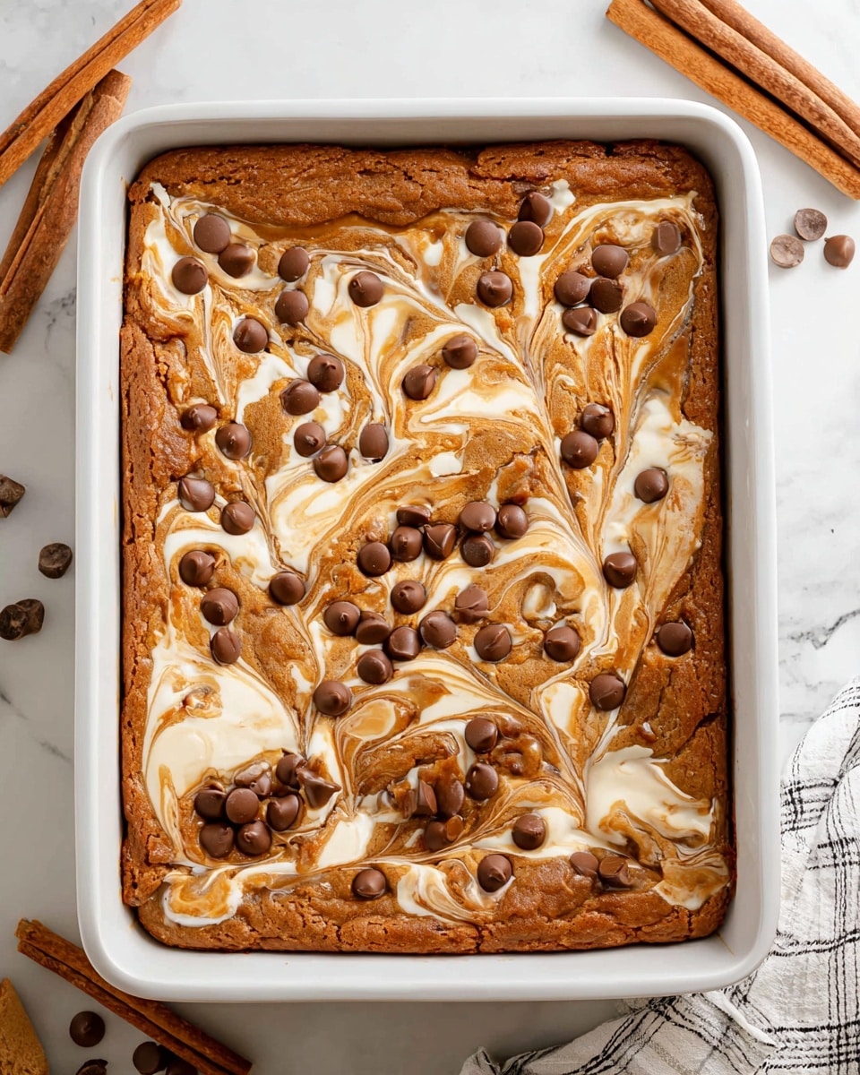 A square piece of cake sits on a white plate with small brown speckles, placed on a white marbled surface. The cake has two clear layers: the bottom layer is thick and orange-brown with a moist, crumbly texture, studded with dark chocolate chips, while the top layer is creamy white and smooth, blending slightly into the bottom layer. On top of the cake is a large scoop of white ice cream, drizzled with golden caramel sauce that runs down the sides. A golden spoon rests on the plate, angled near the cake. In the background, there are cinnamon sticks, a small pumpkin, a pinecone, a white cup with light stains, and part of a white cloth with black stripes. photo taken with an iphone --ar 4:5 --v 7