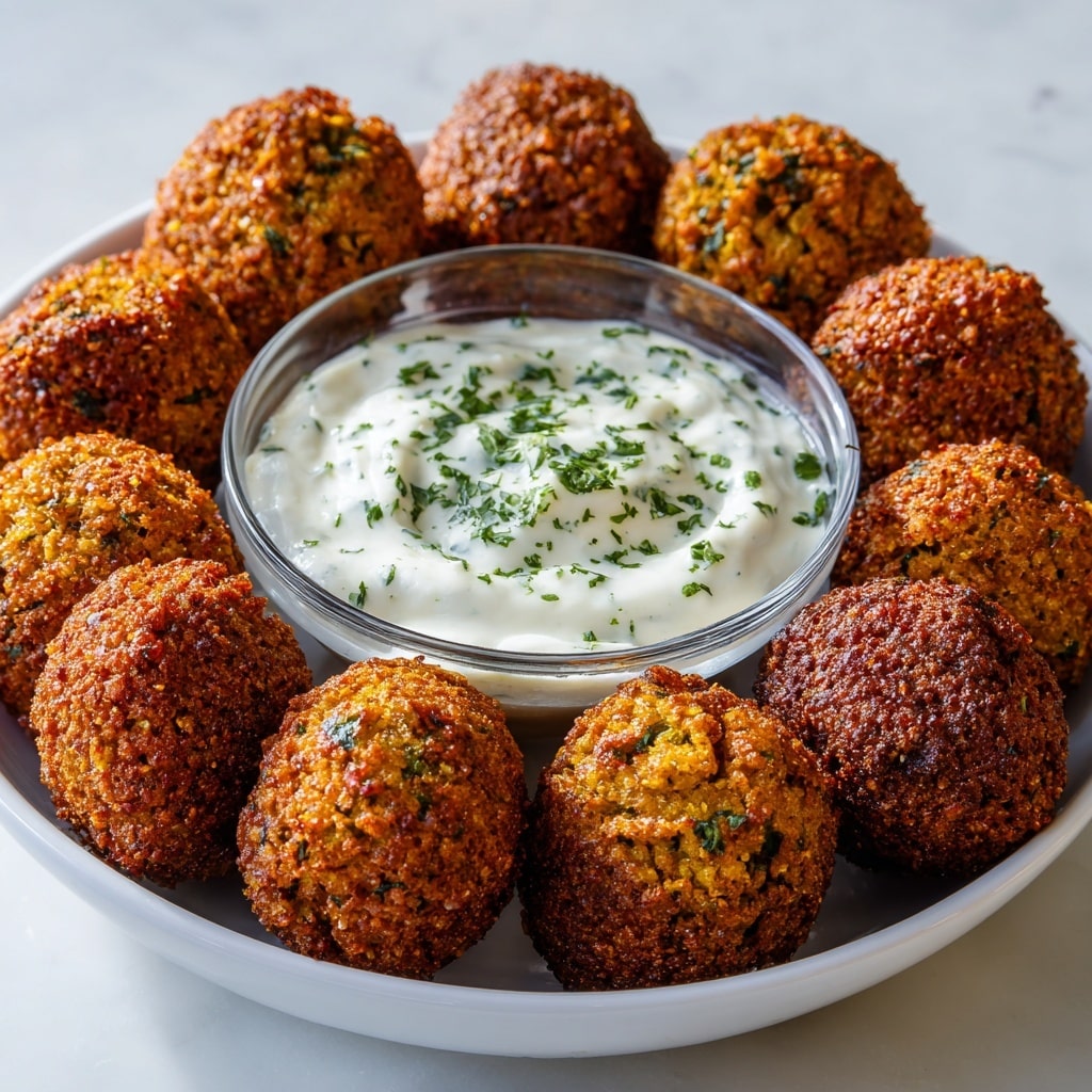 A white bowl holds about fourteen golden-brown falafel balls, each with a crispy textured surface and small green flecks, likely from herbs. The falafel are piled together around a small clear glass bowl filled with a creamy white sauce sprinkled with finely chopped green herbs. The bowl sits on a white marbled surface with soft natural lighting highlighting the warm colors and crispness of the falafel. photo taken with an iphone --ar 4:5 --v 7