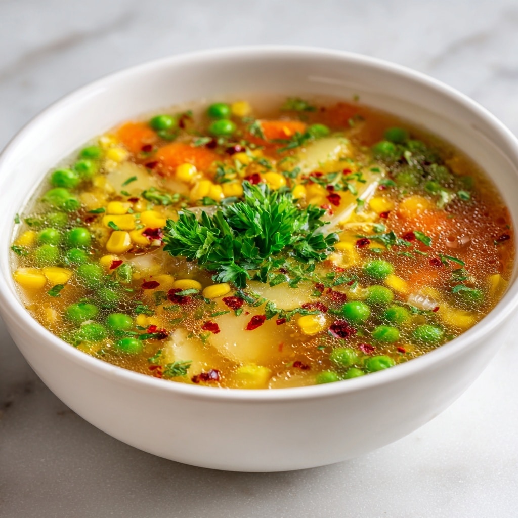 The image shows a bowl of thick vegetable soup filled with layers of colorful ingredients. At the top, there are bright green peas, yellow corn kernels, and thin orange carrot slices, all sprinkled with small green herbs and red chili flakes. Below these, there are soft pieces of potato, visible through the clear, slightly frothy broth. A sprig of fresh green parsley sits in the center as garnish. The soup is served in a white bowl and placed on a white marbled textured surface. Photo taken with an iphone --ar 4:5 --v 7