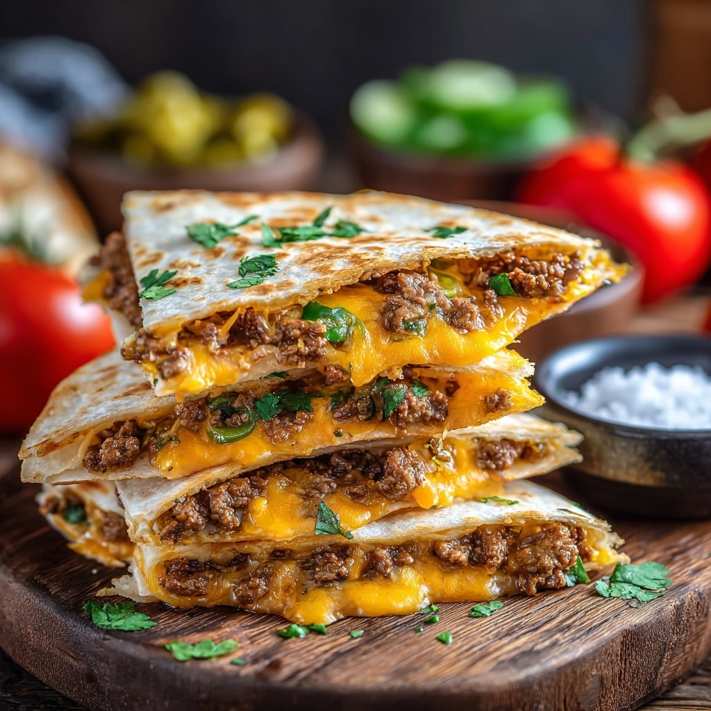 A close-up view of a stack of three triangular quesadilla slices placed on a wooden board, each slice showing two layers of slightly browned white tortillas filled with a thick layer of melted orange cheddar cheese and minced cooked beef mixed with small green jalapeño pieces; small green herb leaves are sprinkled on top of the quesadillas and around the board, with blurred background elements including whole red tomatoes and small white and black bowls containing salt and sliced pickles. Photo taken with an iphone --ar 4:5 --v 7