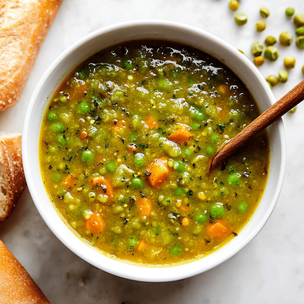 A white bowl filled with thick green split pea soup that has a slightly chunky texture with visible small orange carrot slices and pieces of peas scattered throughout. The soup’s surface has a smooth, slightly oily shine, and a brown wooden spoon is placed inside the bowl on the right side. In the background, there is a torn piece of a baguette and some green split peas scattered on a white marbled surface. photo taken with an iphone --ar 4:5 --v 7